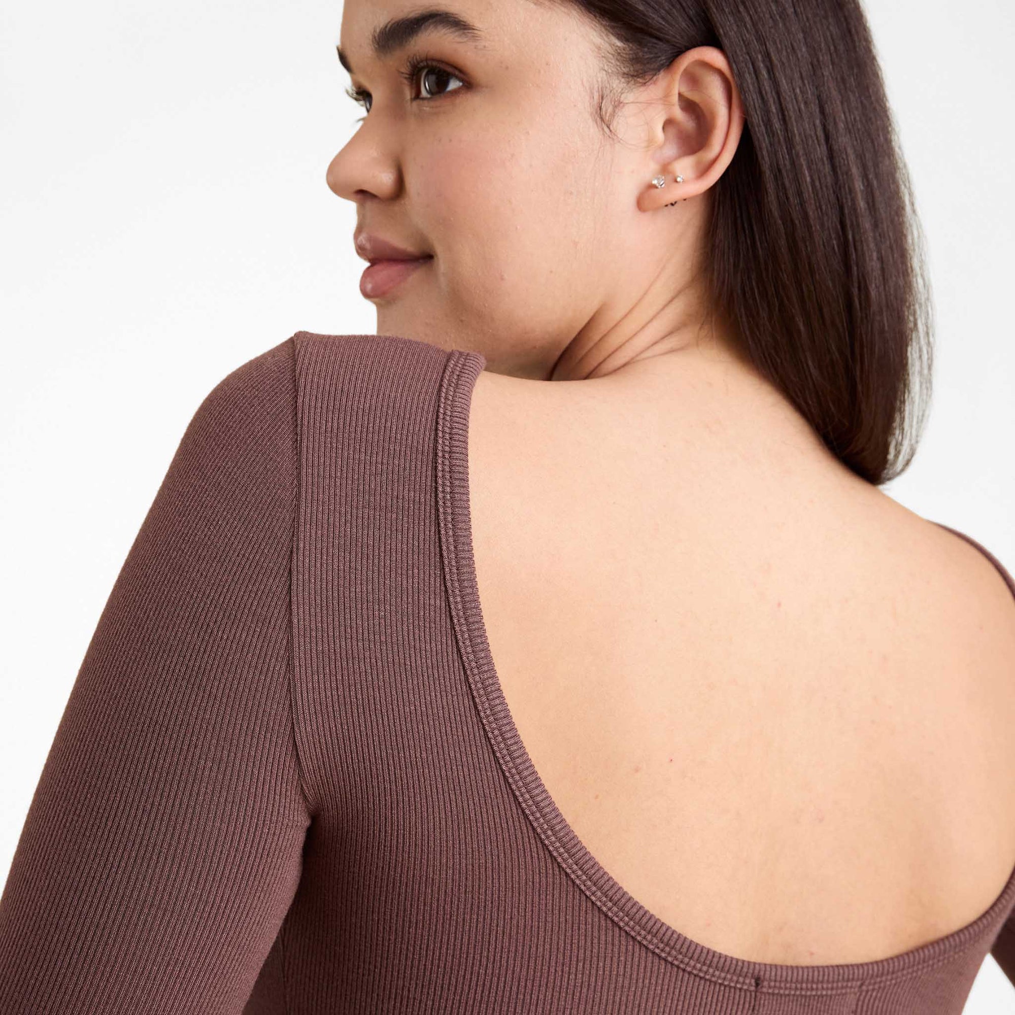 Slinky Rib Long Sleeve Open Back Shirt