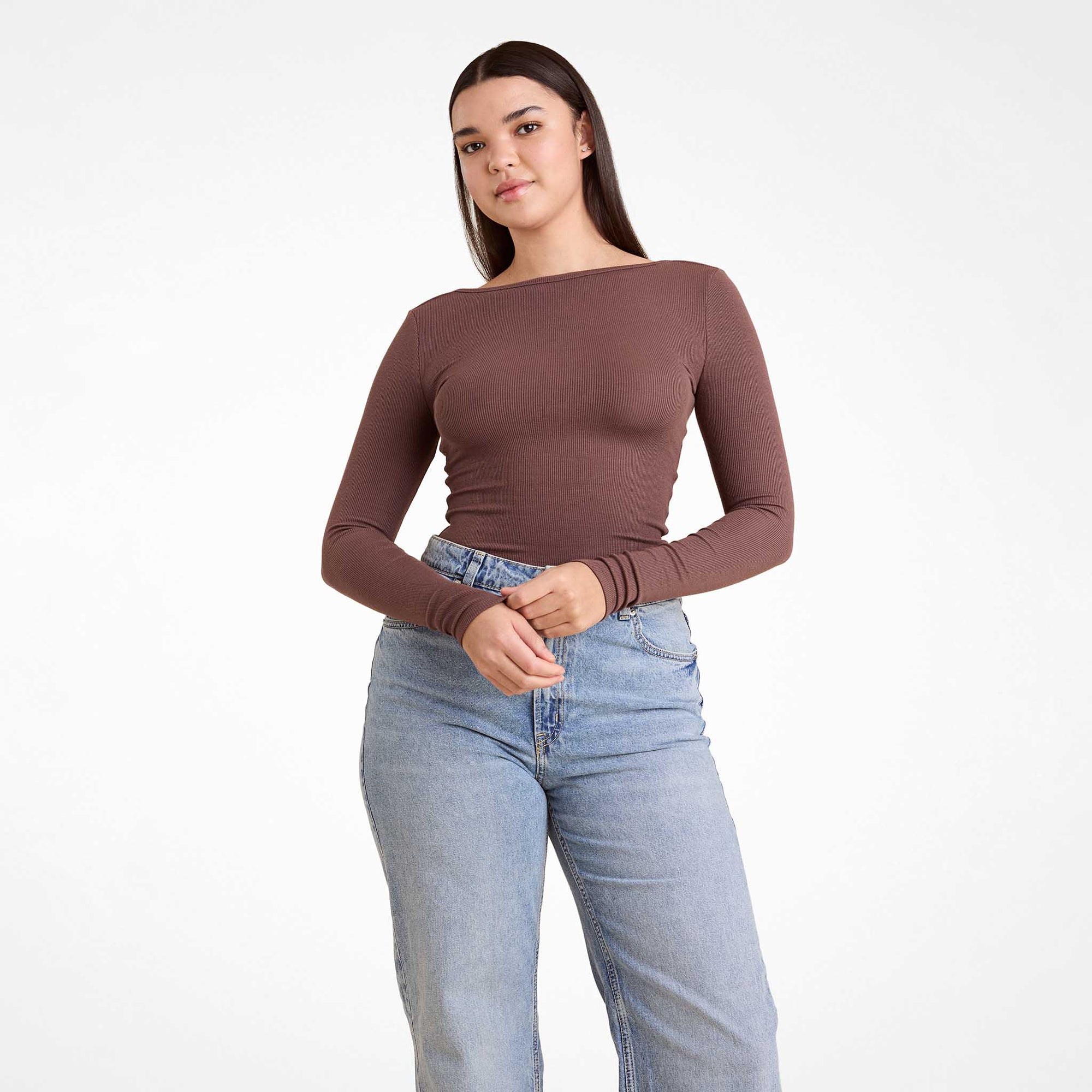 Slinky Rib Long Sleeve Open Back Shirt