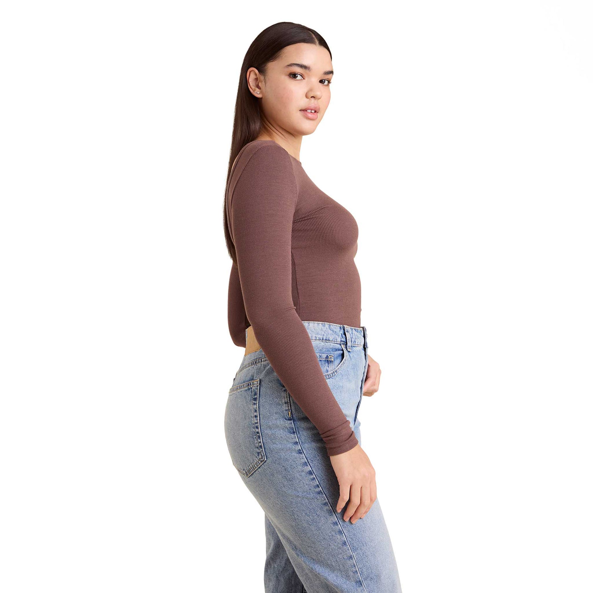 Slinky Rib Long Sleeve Open Back Shirt