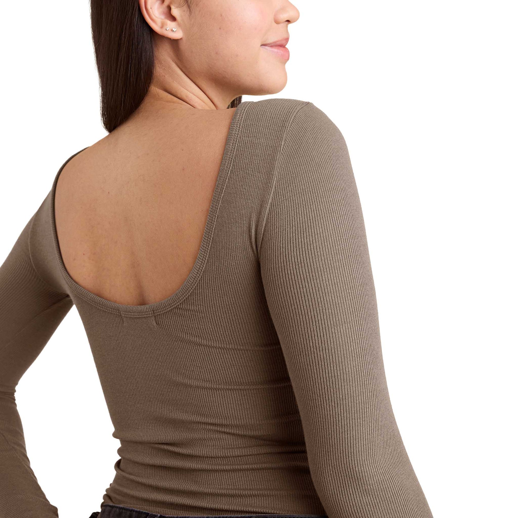 Slinky Rib Long Sleeve Open Back Shirt
