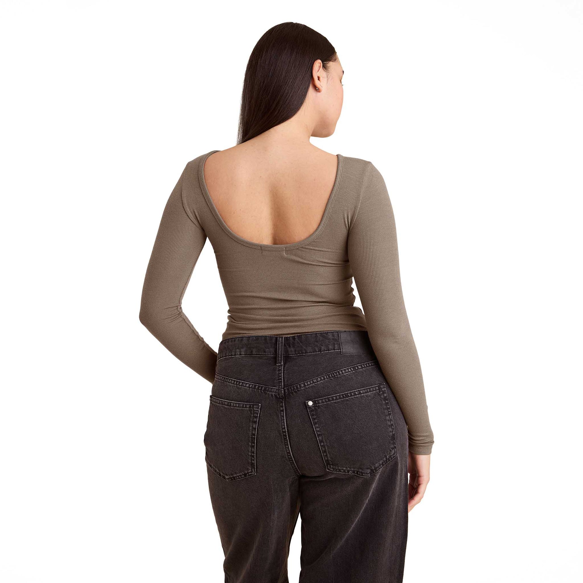 Slinky Rib Long Sleeve Open Back Shirt