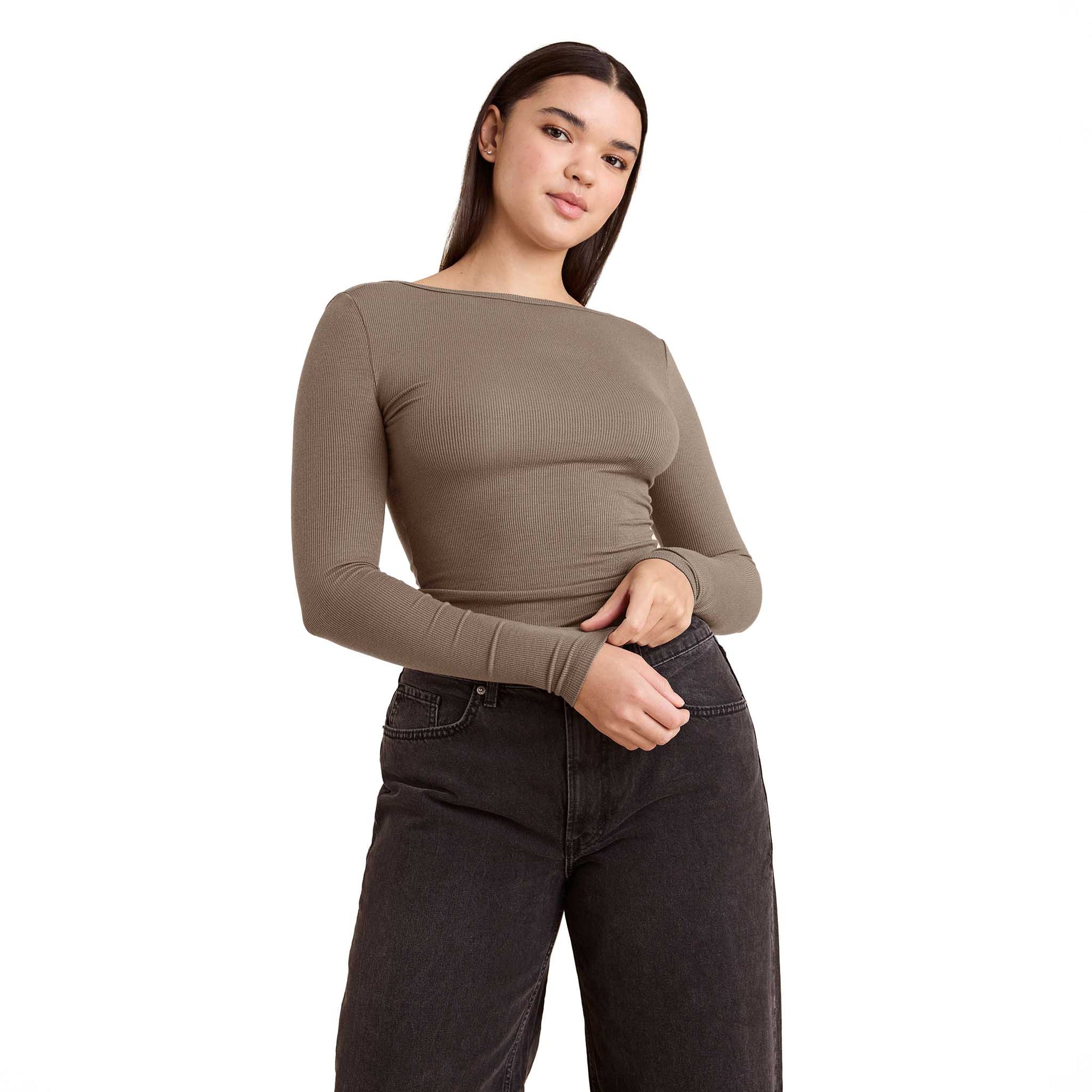 Slinky Rib Long Sleeve Open Back Shirt