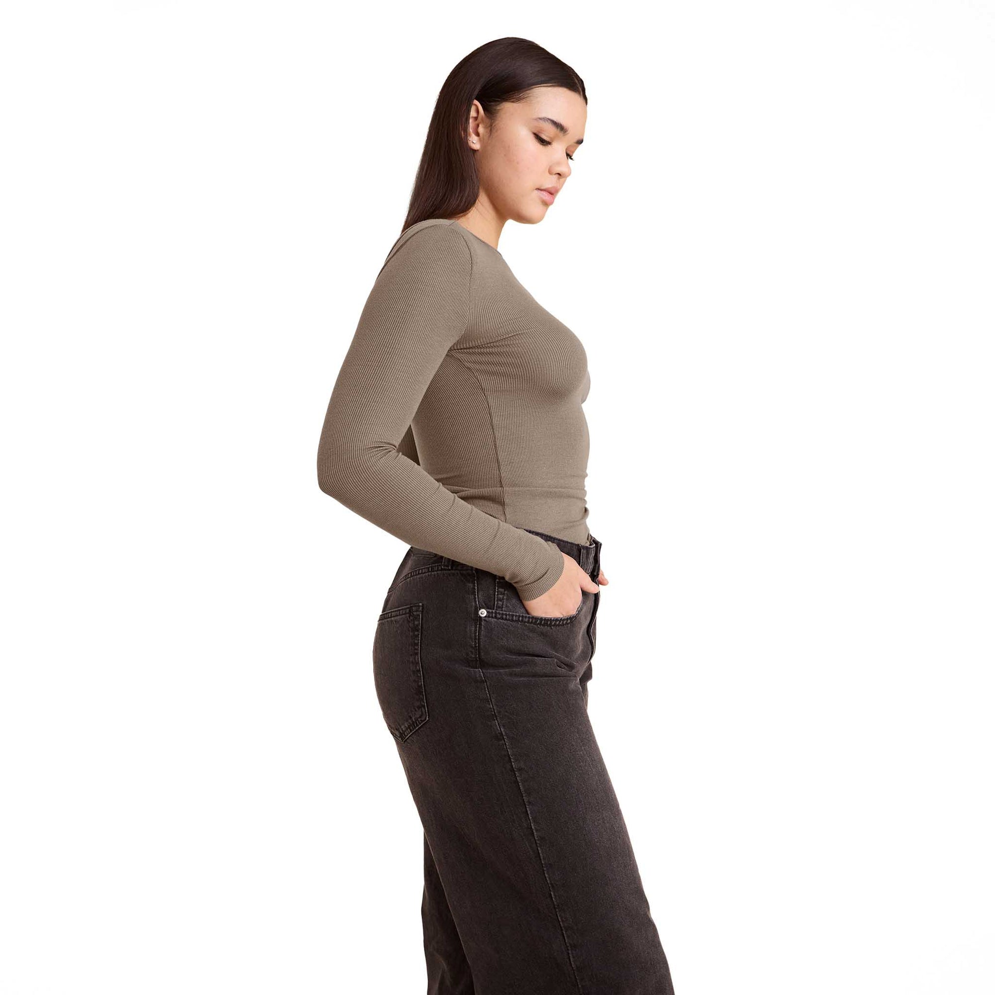 Slinky Rib Long Sleeve Open Back Shirt