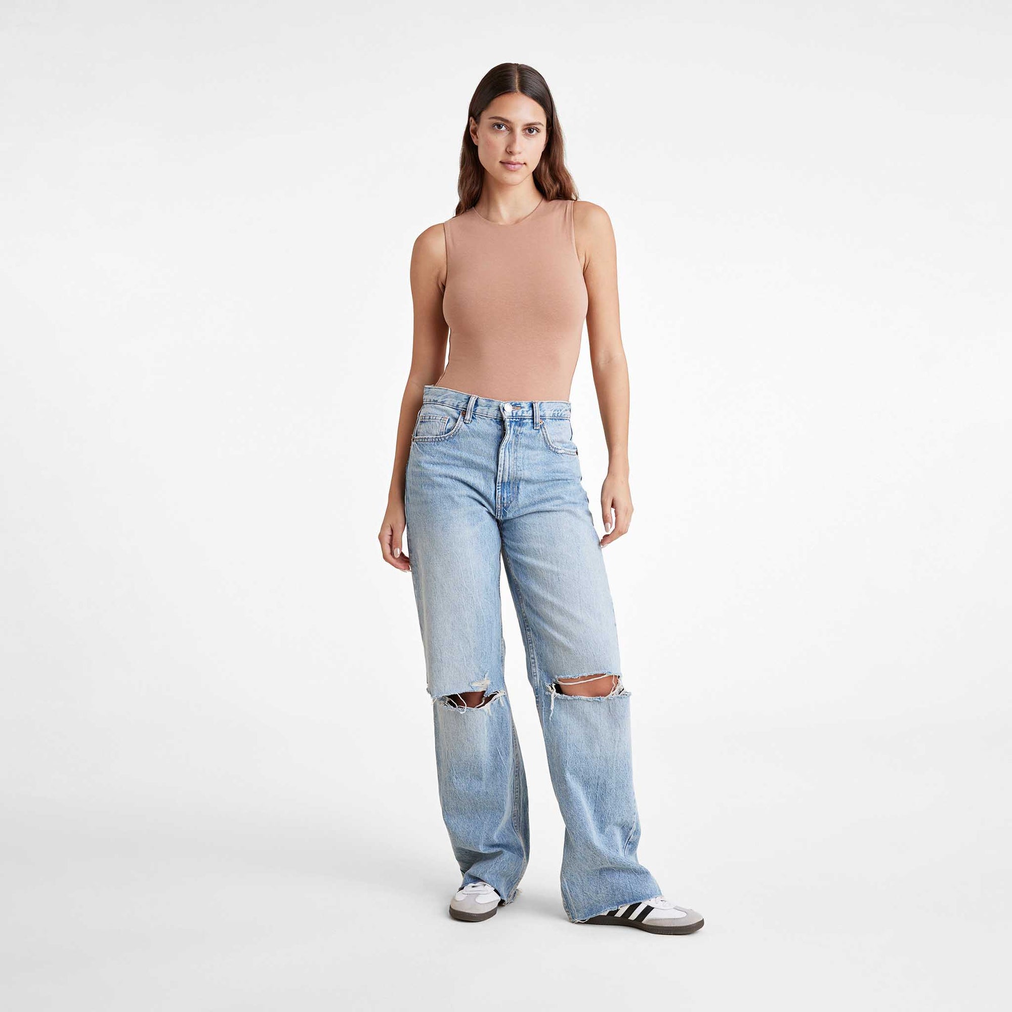 Cotton Stretch Classic Crewneck Tank Bodysuit | Clay