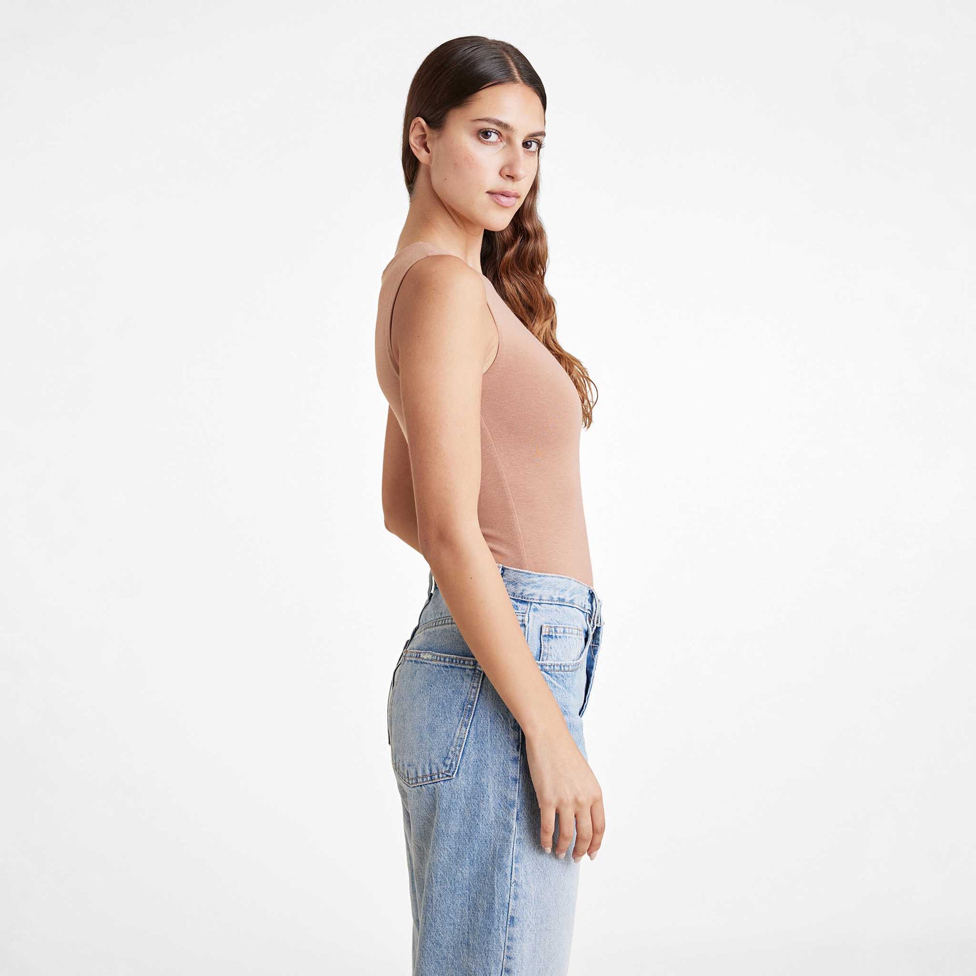 Cotton Stretch Classic Crewneck Tank Bodysuit | Clay