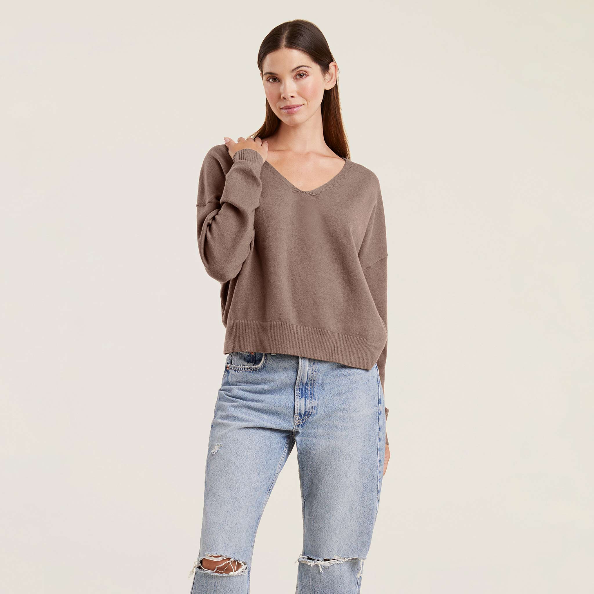 Luxe Knit V-Neck Sweater | Mocha