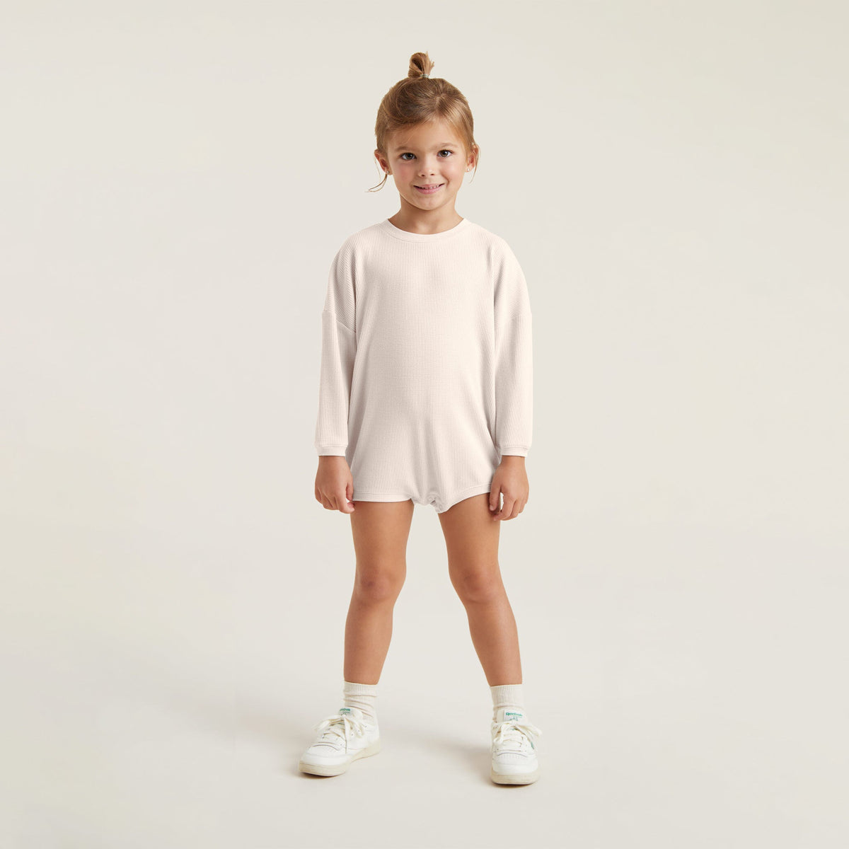 Color:Heather Bone | tones Waffle Sweatshirt Romper – toddler rompers