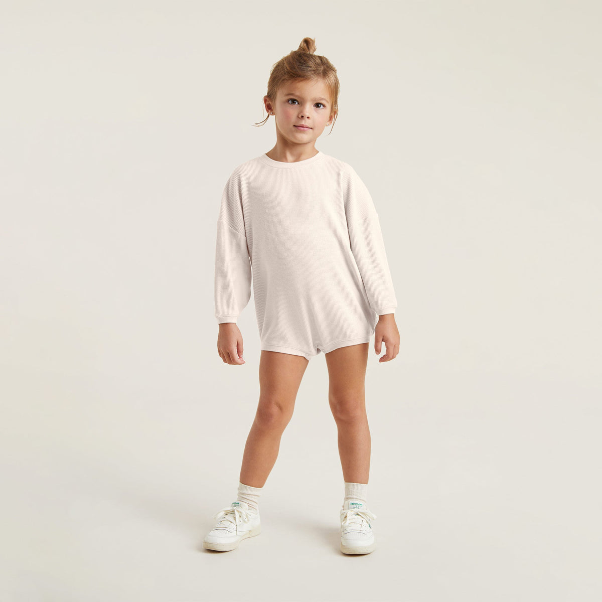 Color:Heather Bone | tones Waffle Sweatshirt Romper – toddler rompers
