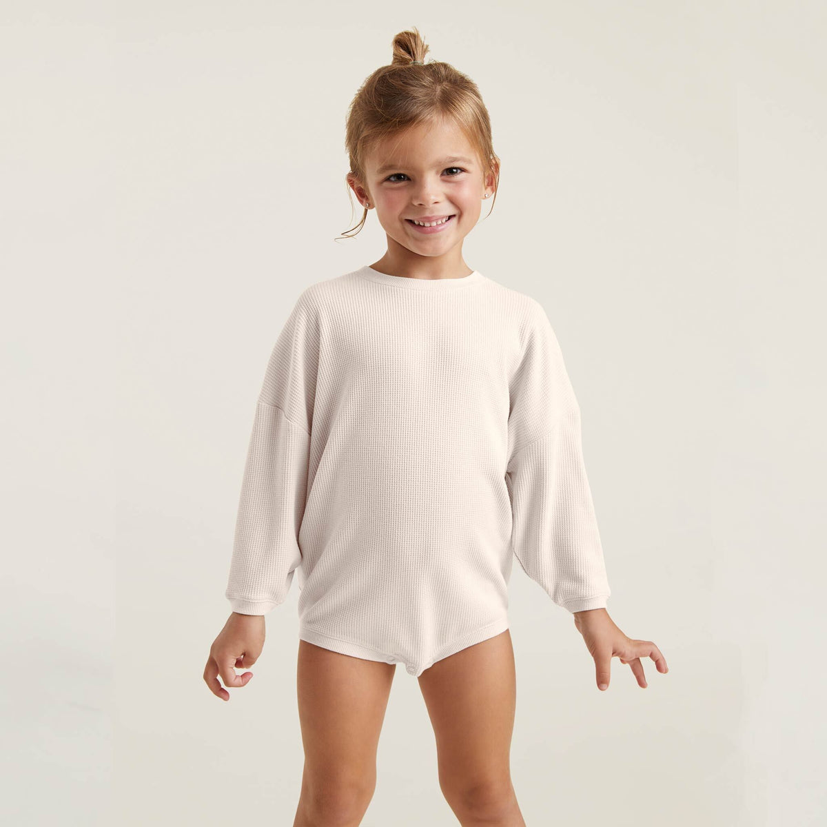 Color:Heather Bone | tones Waffle Sweatshirt Romper – toddler rompers