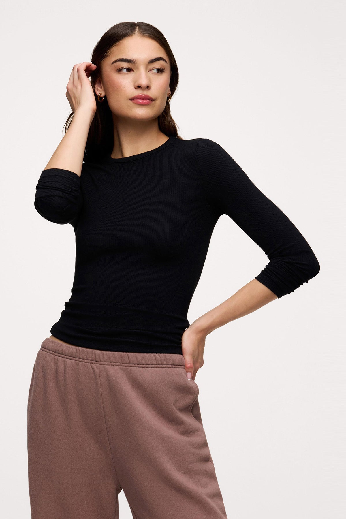 Color:Black | nuuds women’s long sleeve shirts fitted modal top - soft modal women’s long sleeve tops