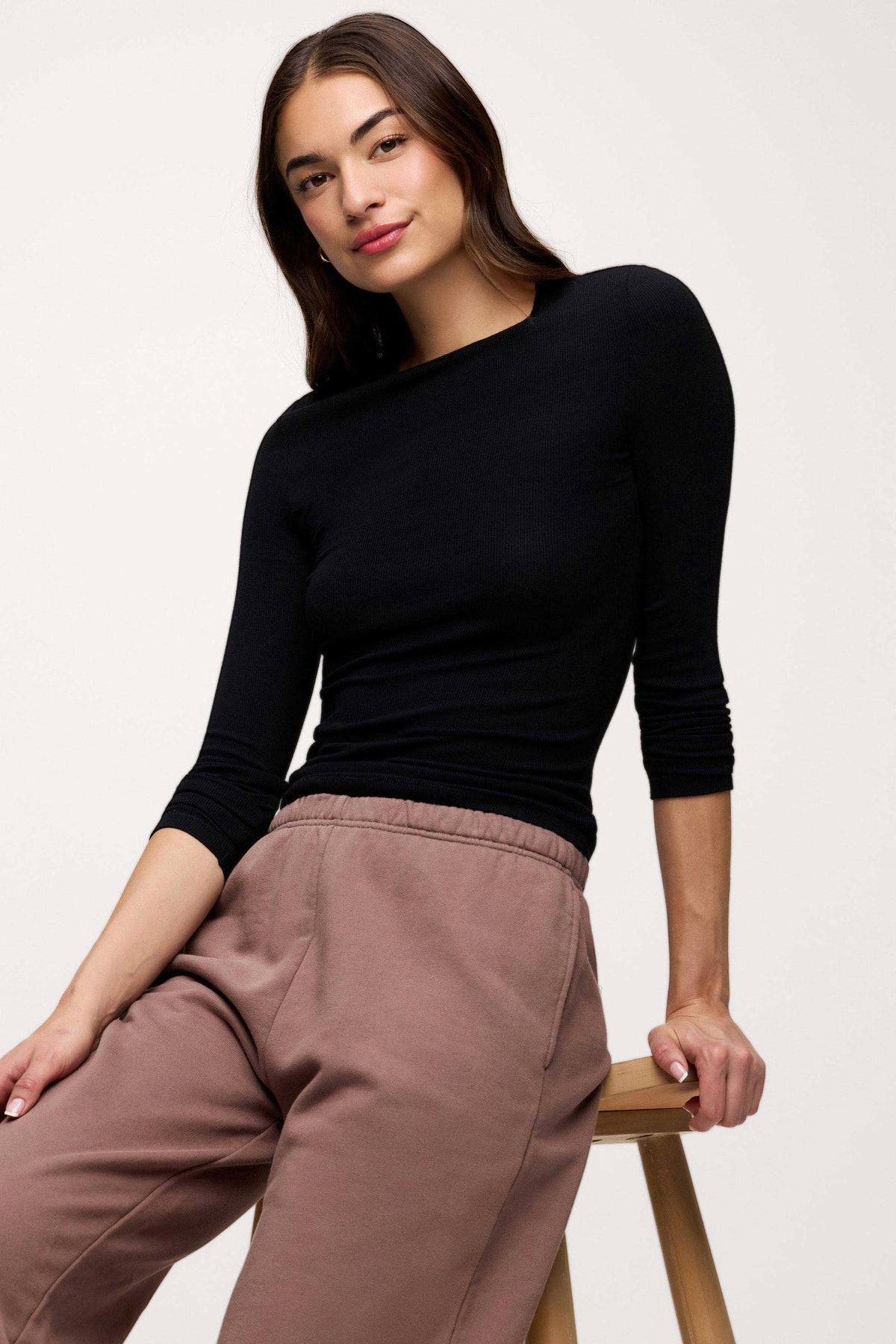 Color:Black | nuuds women’s long sleeve shirts fitted modal top - soft modal women’s long sleeve tops
