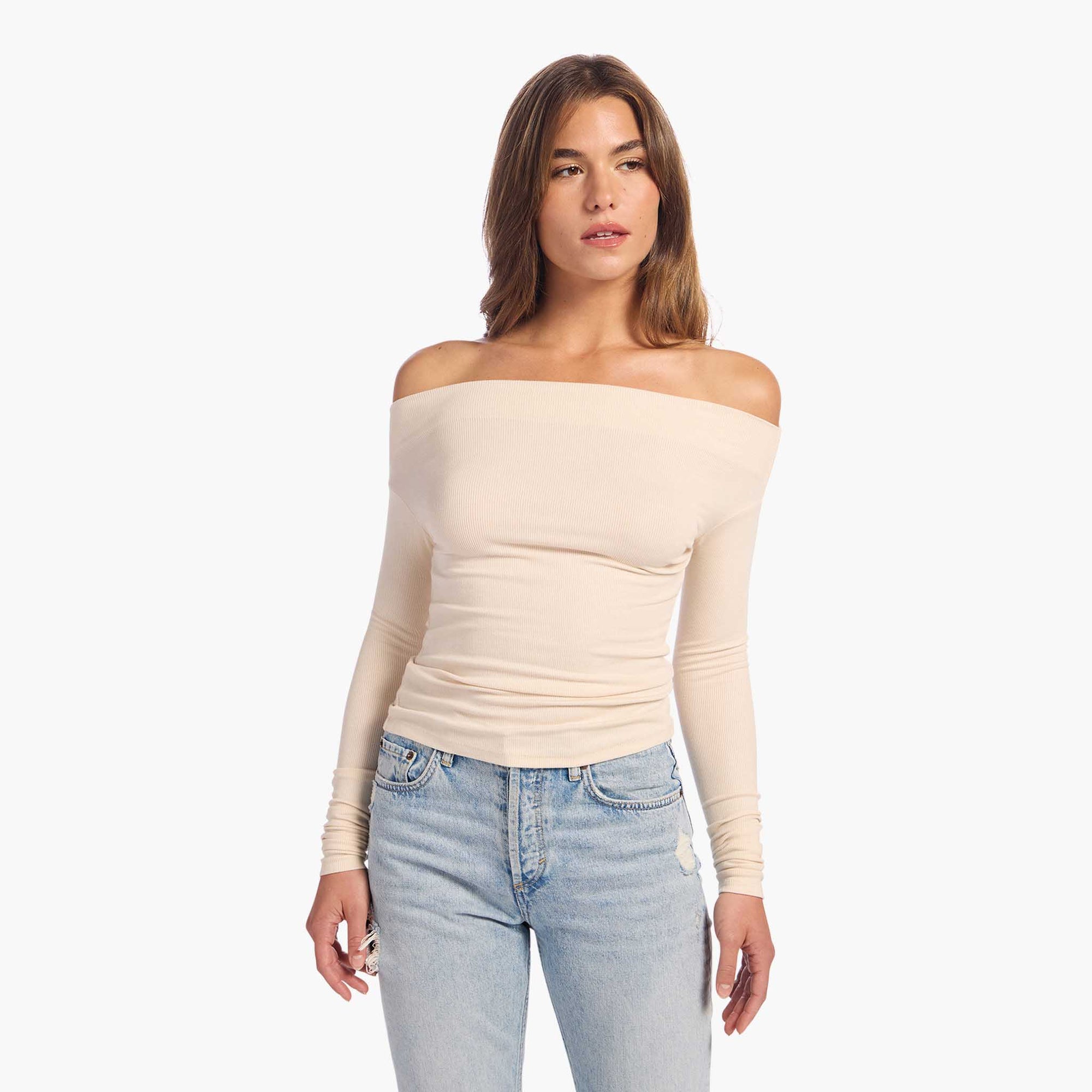 Slinky Rib Off-The-Shoulder Shirt