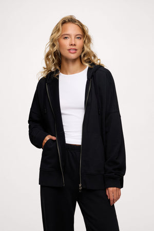 Core Fleece Two Way Zip Hoodie | Black – nuuds