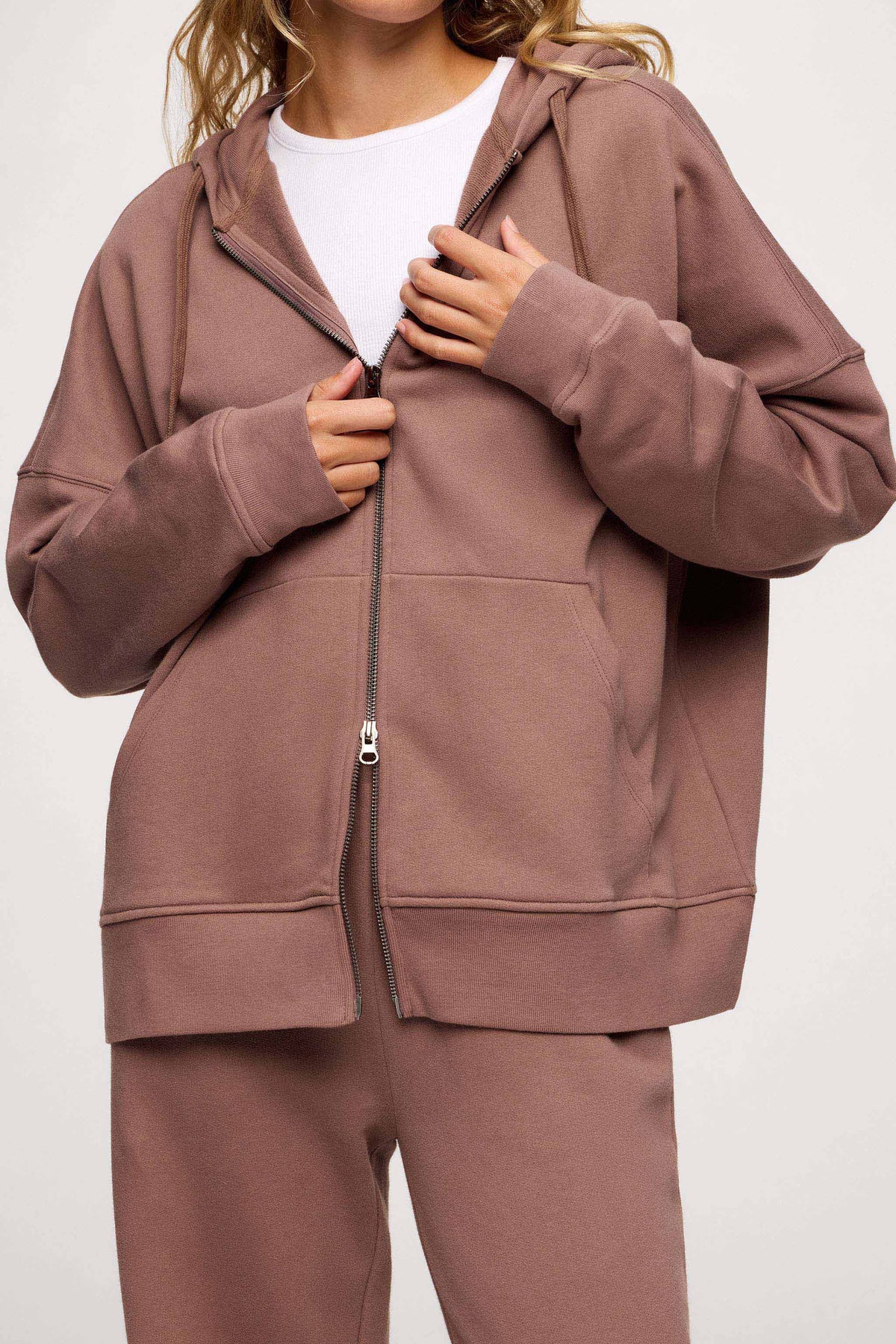 Color:Cocoa | nuuds two way zip hoodie – women’s zip up hoodie relaxed fit fleece zip jacket