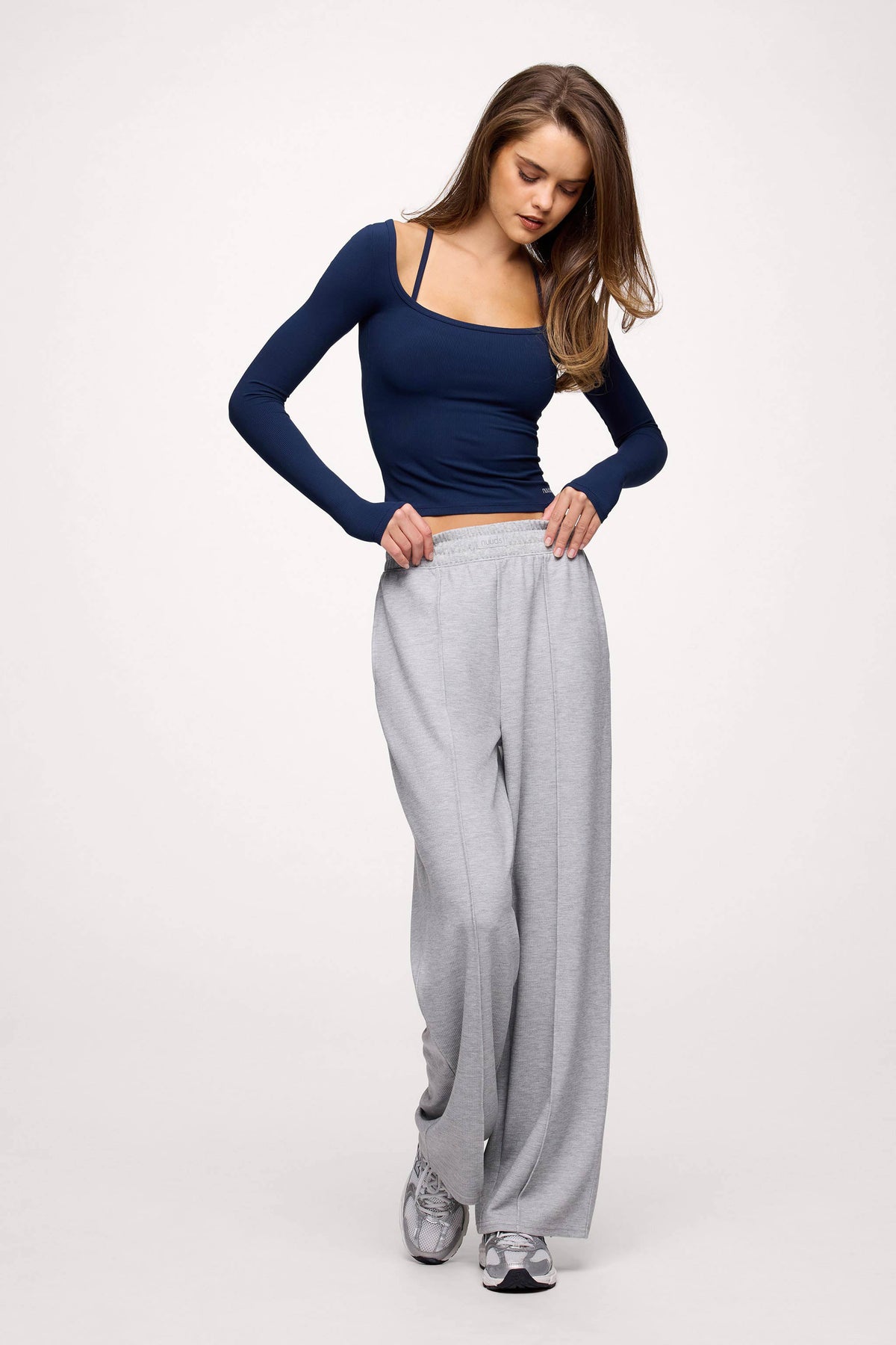 Color:Navy | nuuds ribbed long sleeve top, long sleeve shirt women, everyday fitted top, casual layering piece