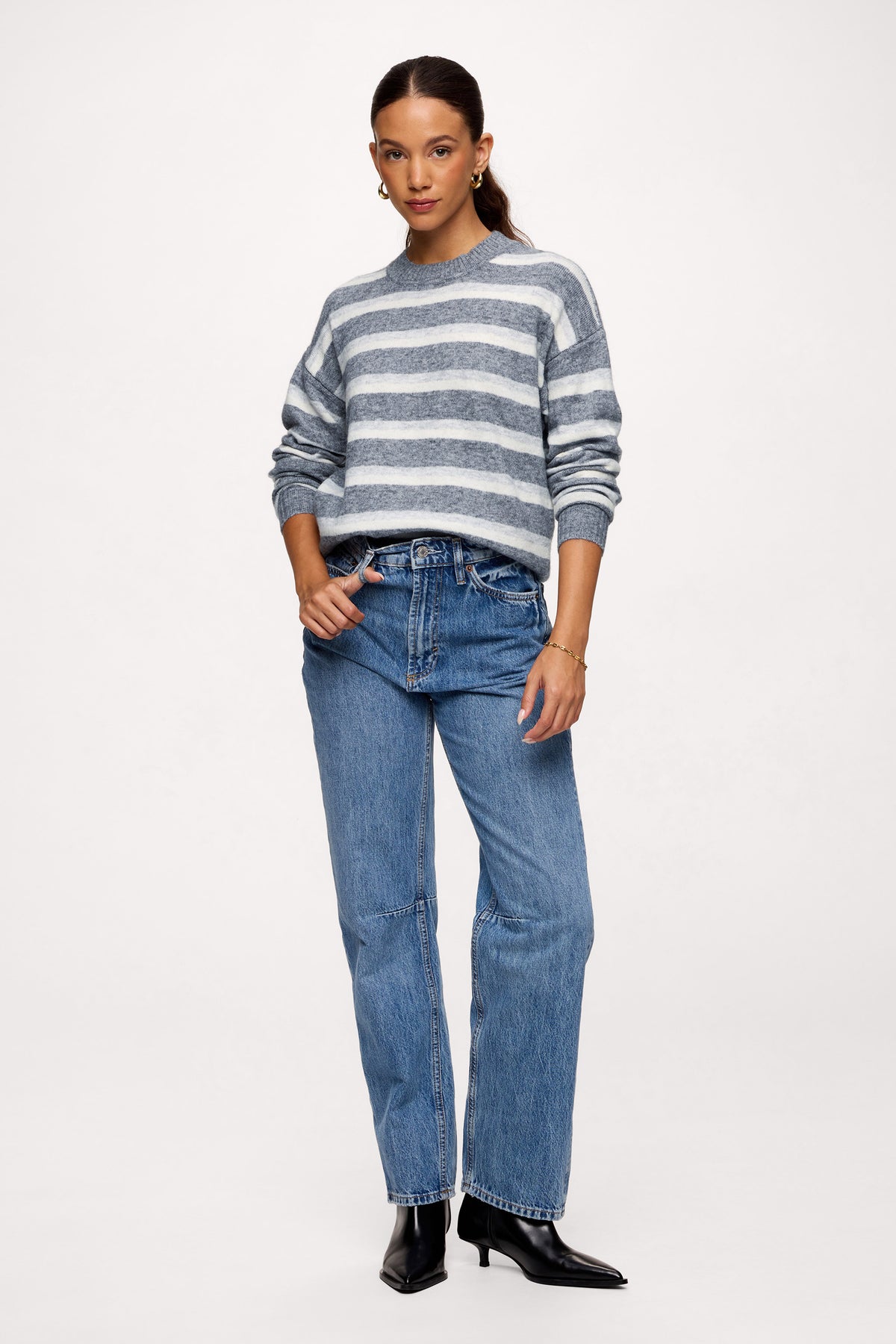 Color:Charcoal Stripe | nuuds striped sweater for women cozy knit long sleeve sweater soft knitwear