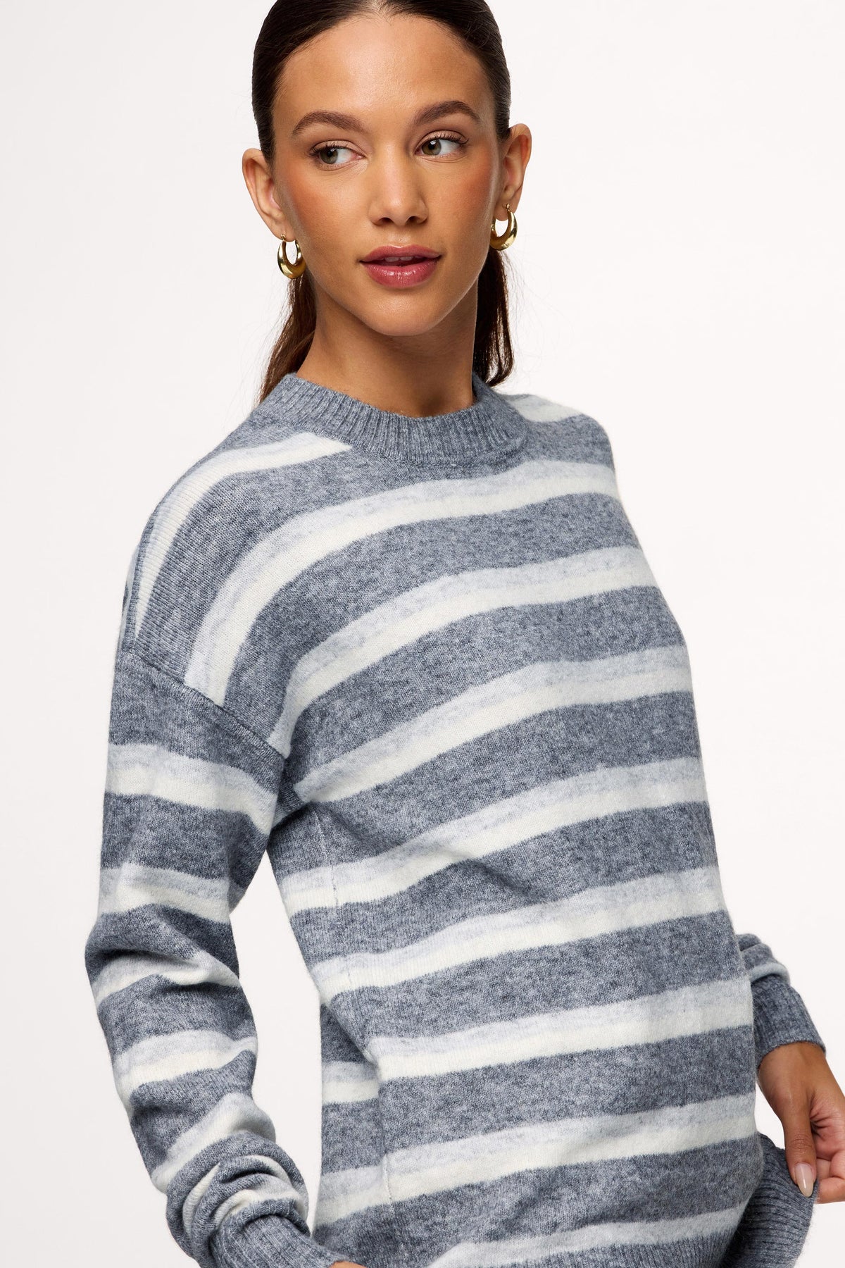 Color:Charcoal Stripe | nuuds striped sweater for women cozy knit long sleeve sweater soft knitwear