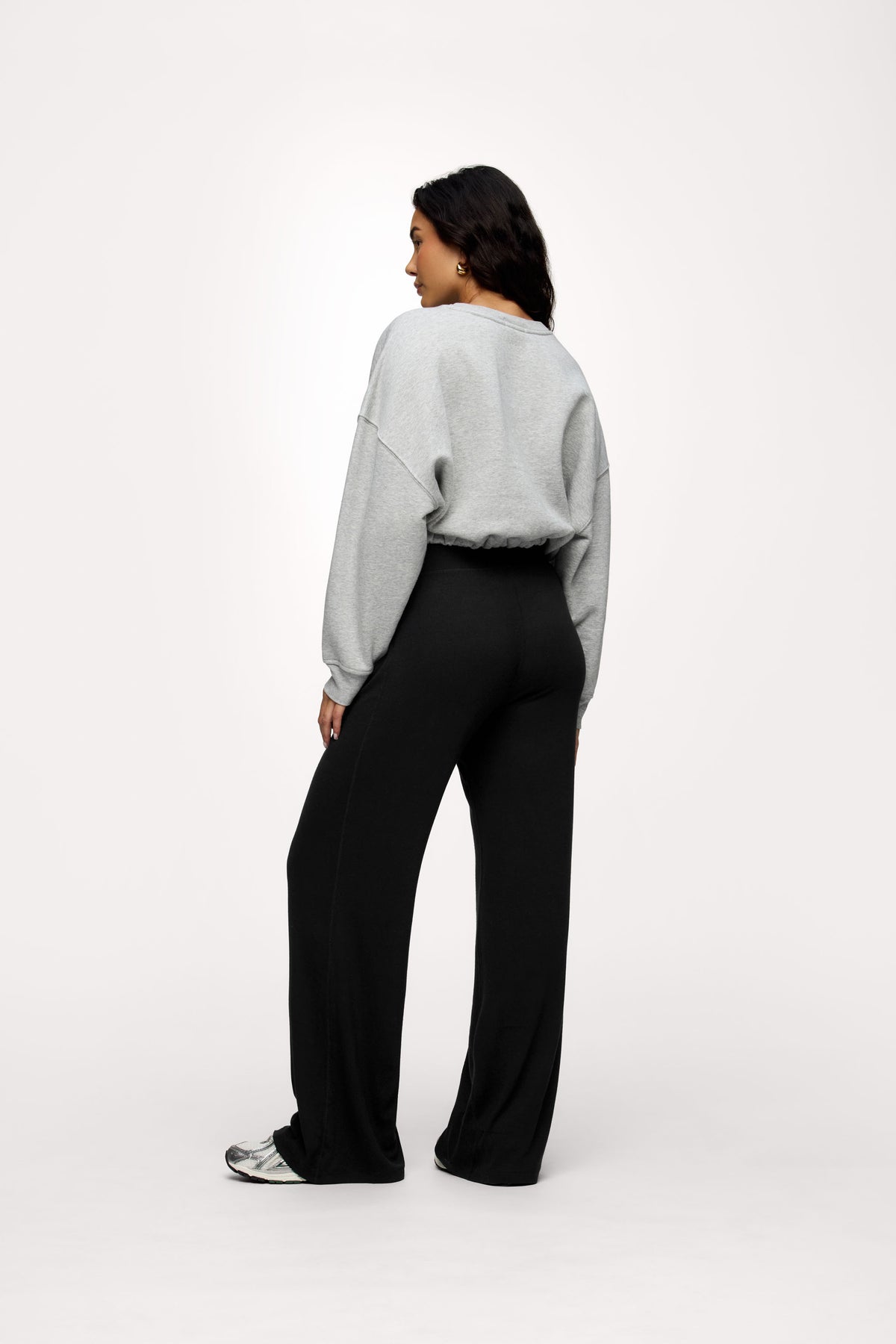 Color:Black | nuuds casual pants for women wide leg - women’s slinky rib wide leg pants