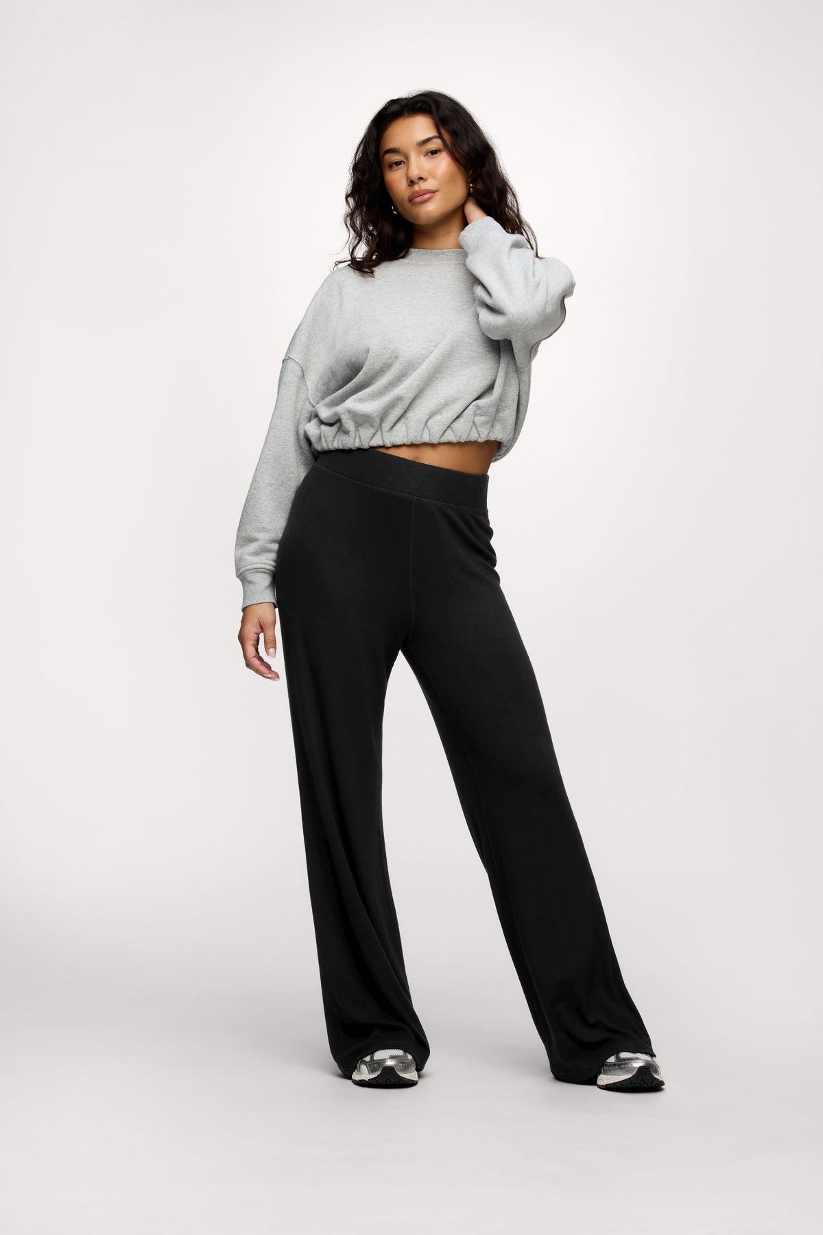 Color:Black | nuuds casual pants for women wide leg - women’s slinky rib wide leg pants
