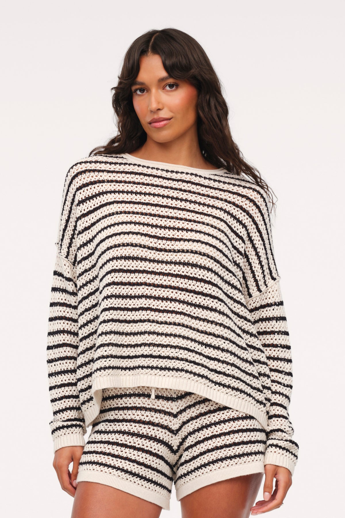 Color:Bone Stripe | Cotton Crochet Sweater