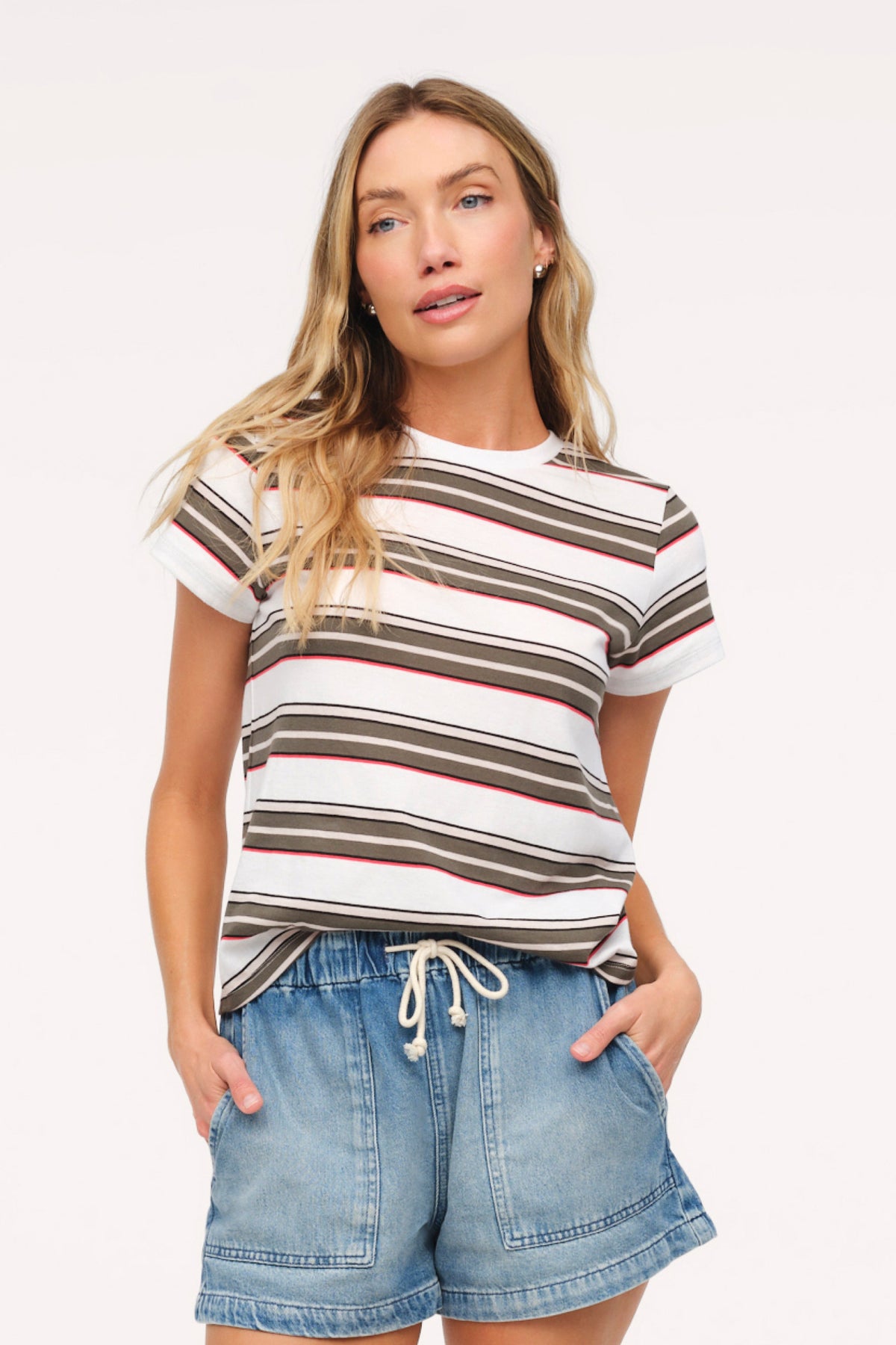 Color:Darkest Olive Stripe | nuuds perfect tee - womens cotton t-shirt basic tees womens tops