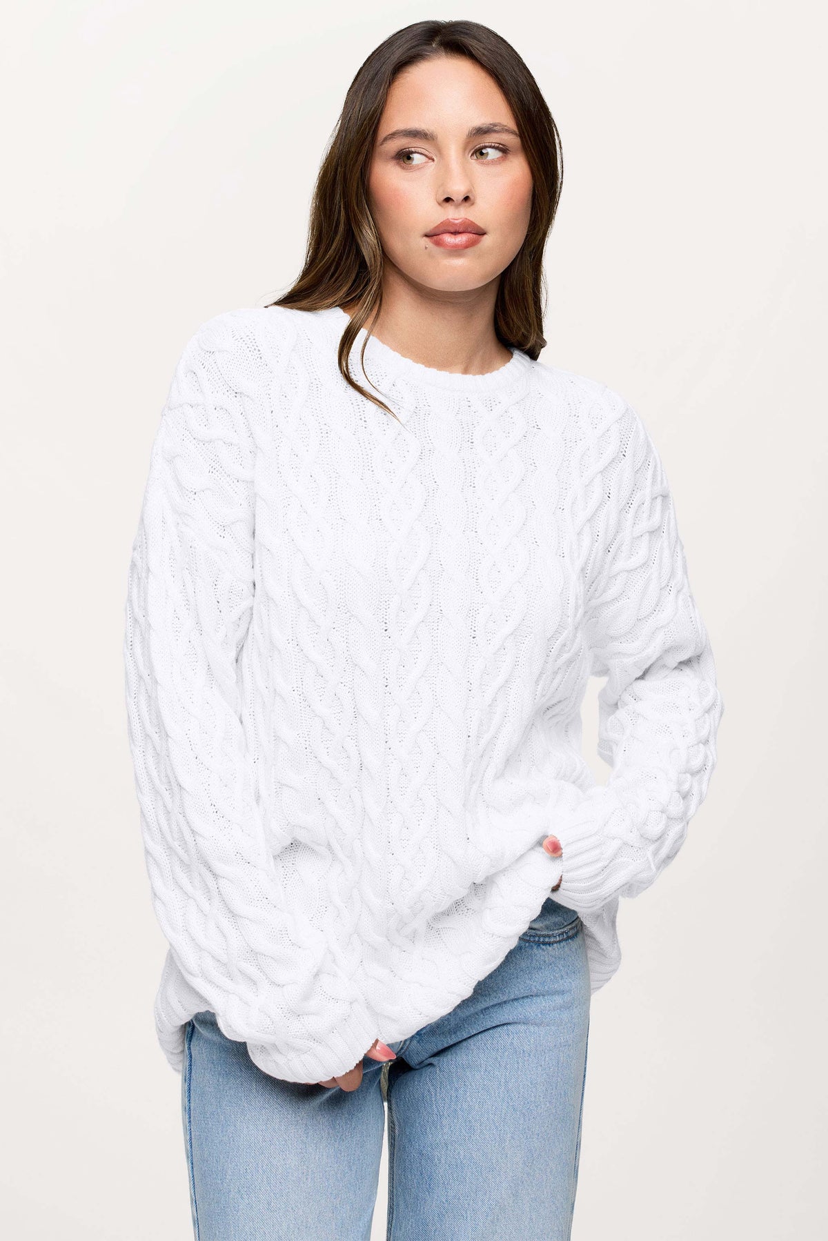Color:White | Lightweight Cable Sweater