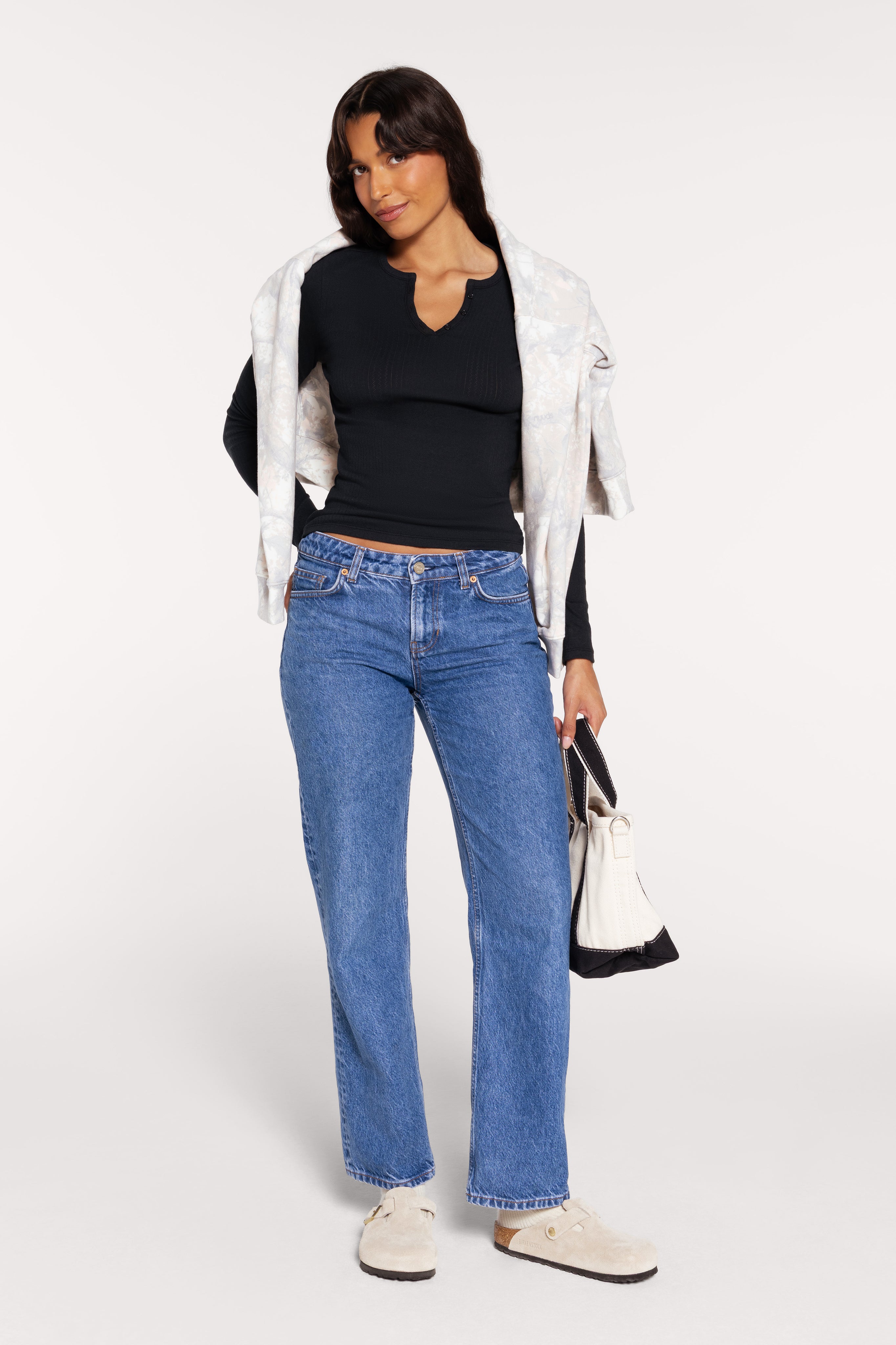 Color:Black | Pointelle Long Sleeve Henley