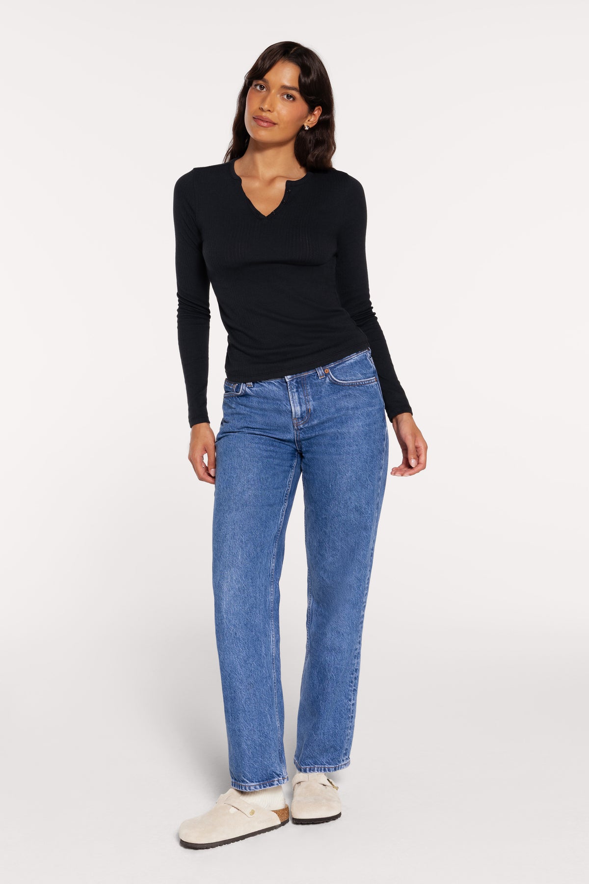 Color:Black | Pointelle Long Sleeve Henley