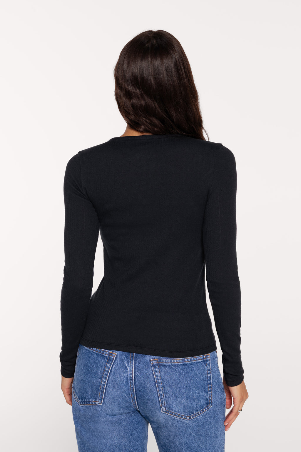 Color:Black | Pointelle Long Sleeve Henley