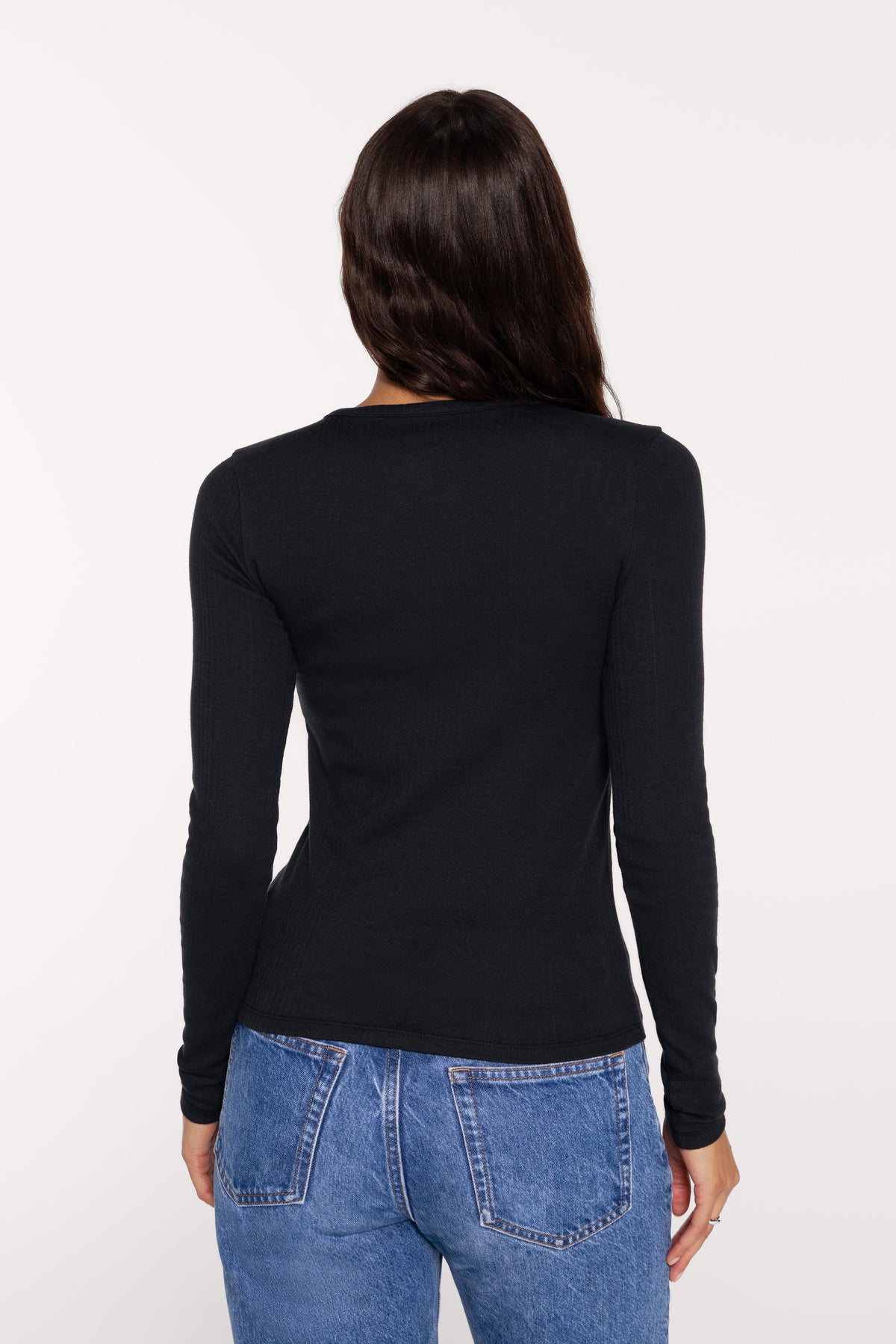 Color:Black | Pointelle Long Sleeve Henley