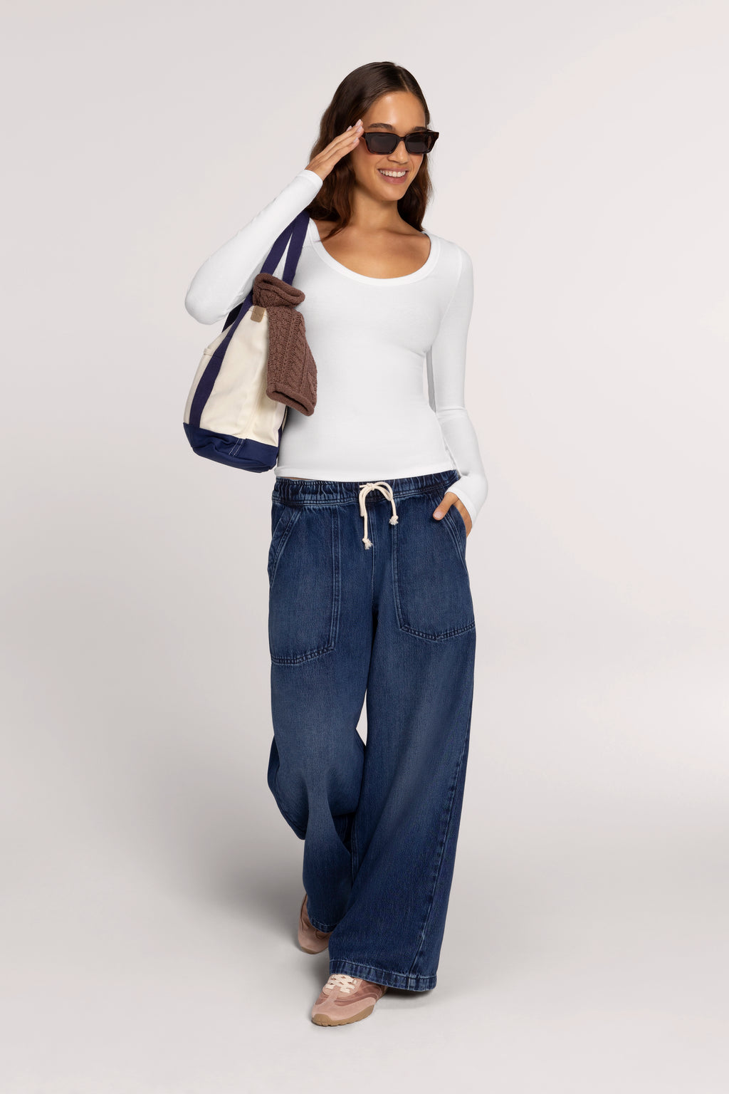 Color:White | Slinky Rib Scoop Neck Long Sleeve Shirt