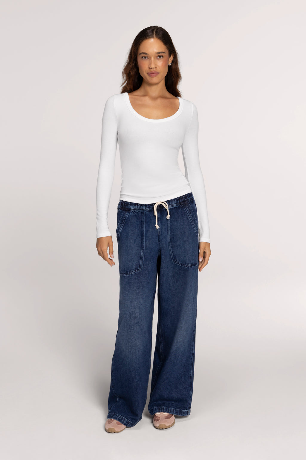Color:White | Slinky Rib Scoop Neck Long Sleeve Shirt