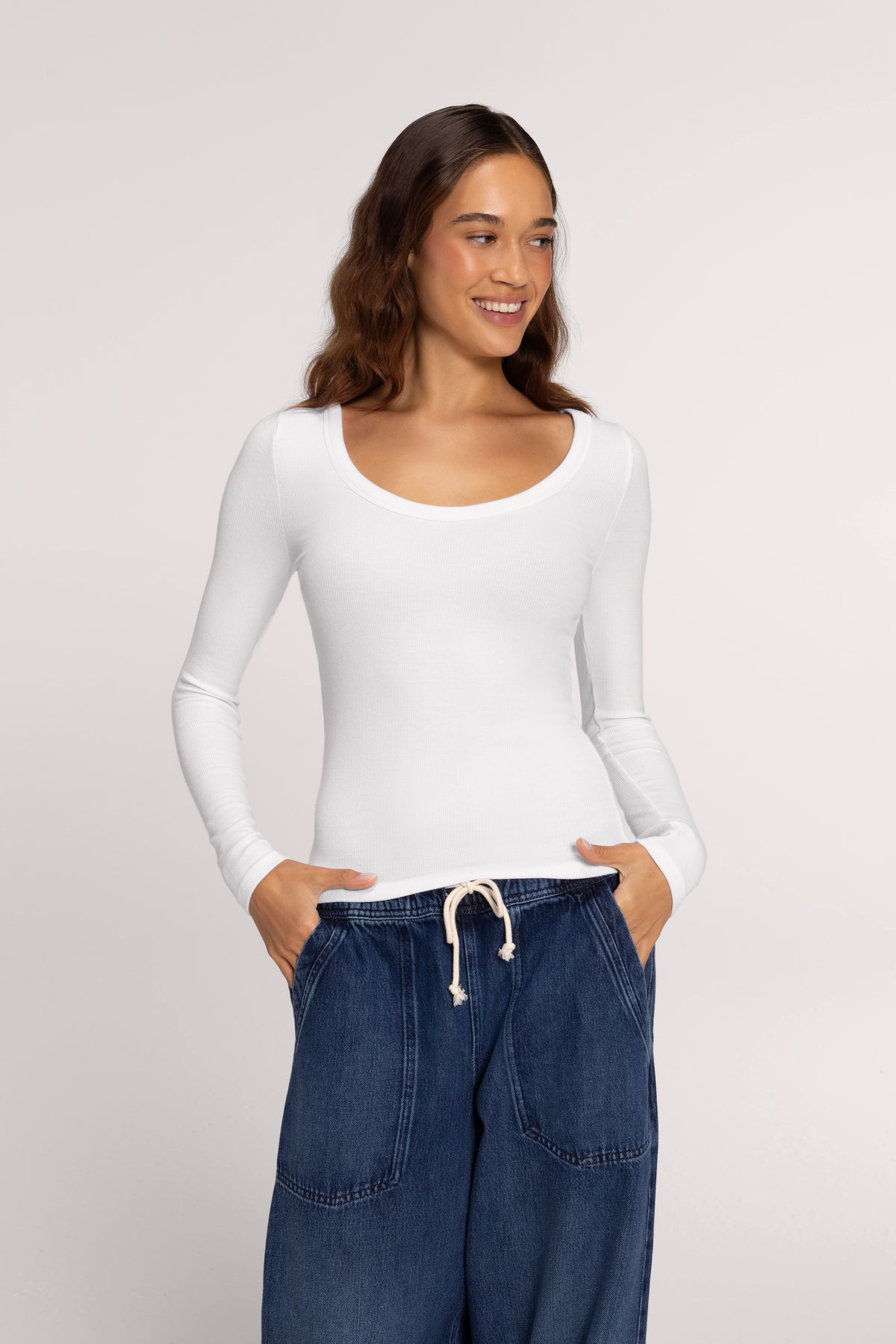 Color:White | Slinky Rib Scoop Neck Long Sleeve Shirt
