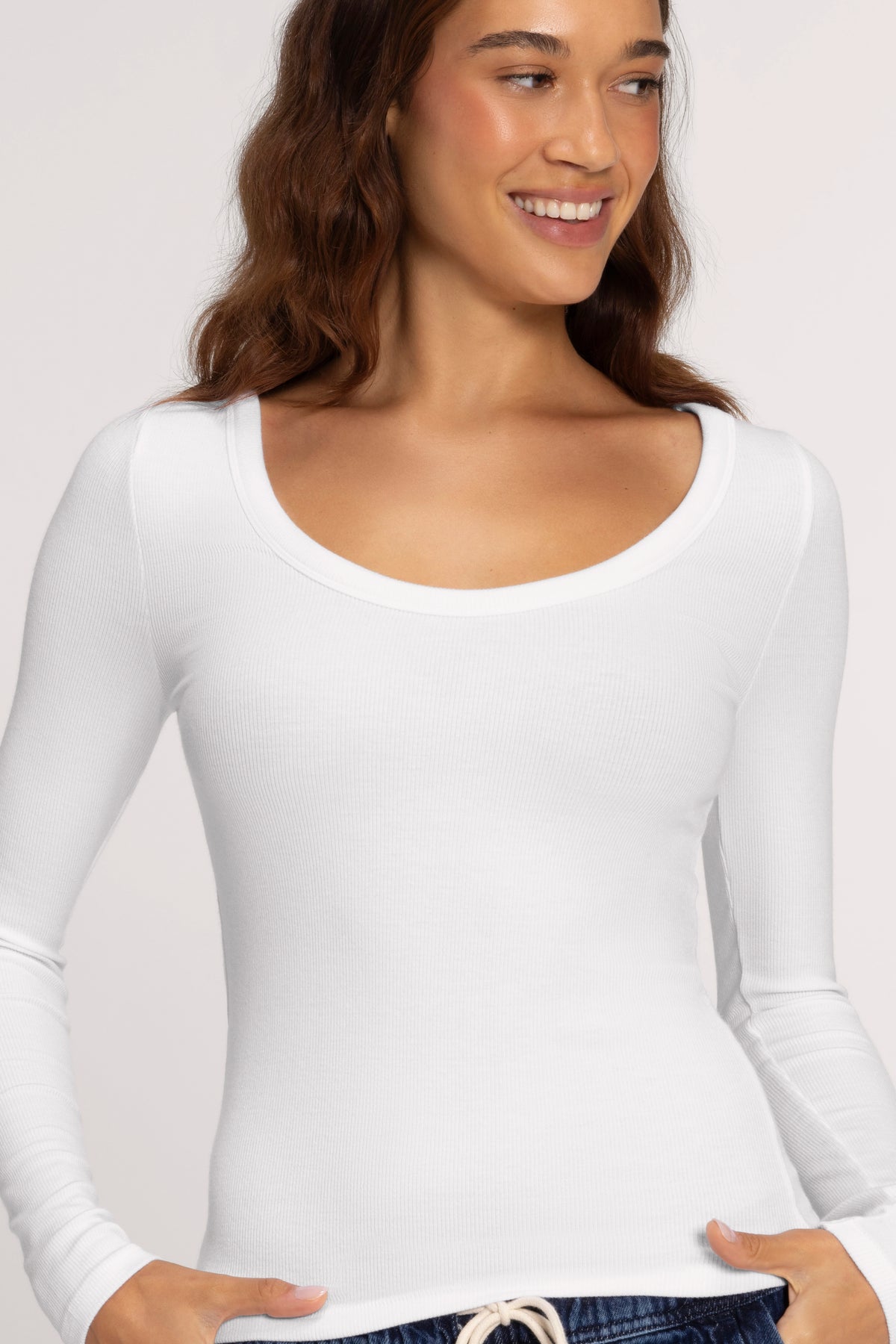 Color:White | Slinky Rib Scoop Neck Long Sleeve Shirt