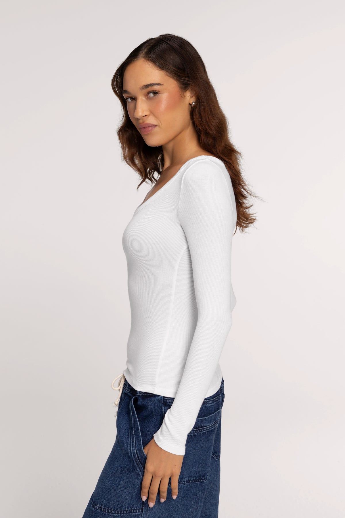 Color:White | Slinky Rib Scoop Neck Long Sleeve Shirt