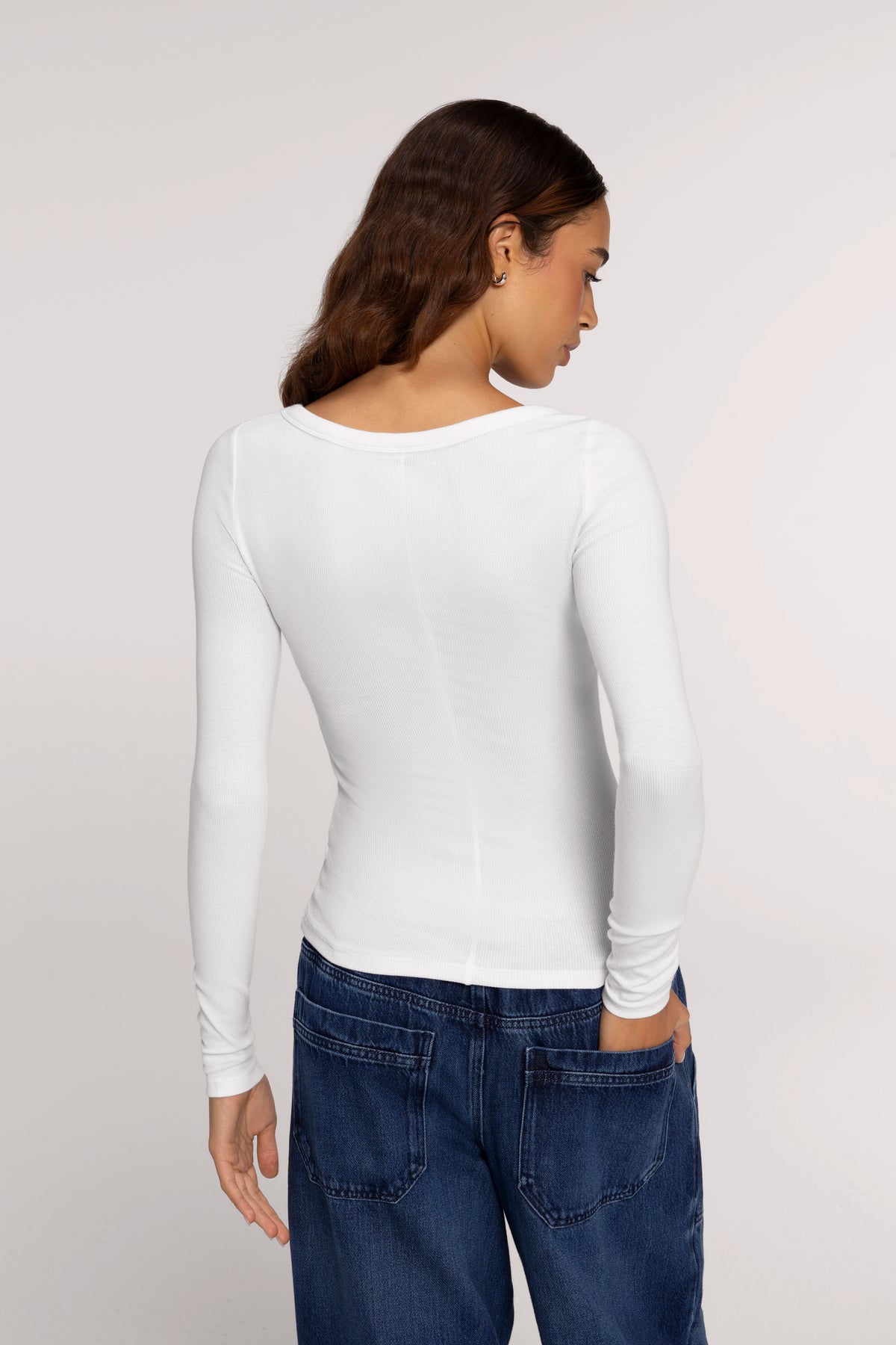 Color:White | Slinky Rib Scoop Neck Long Sleeve Shirt