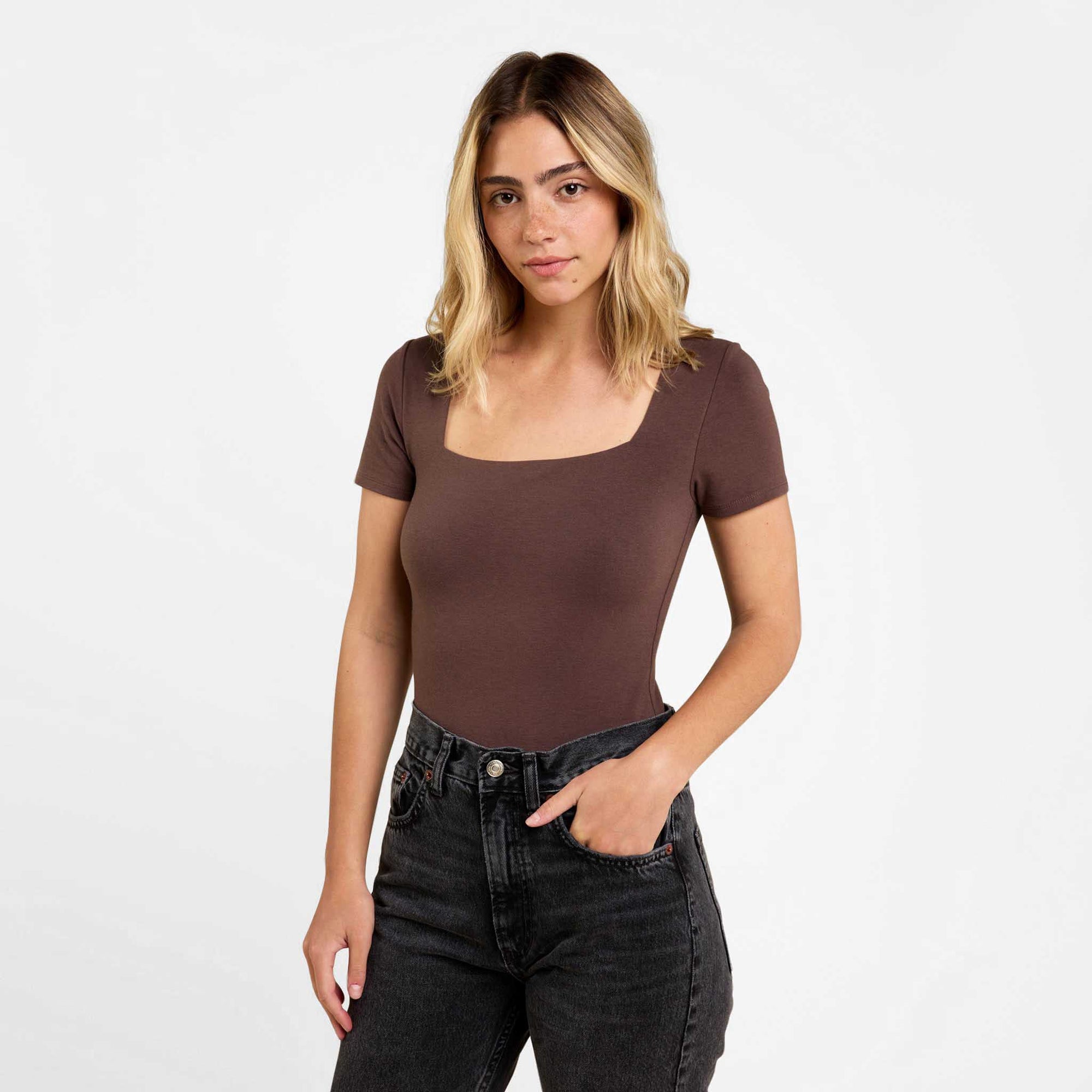 Cotton Stretch Short Sleeve Square Neck Bodysuit