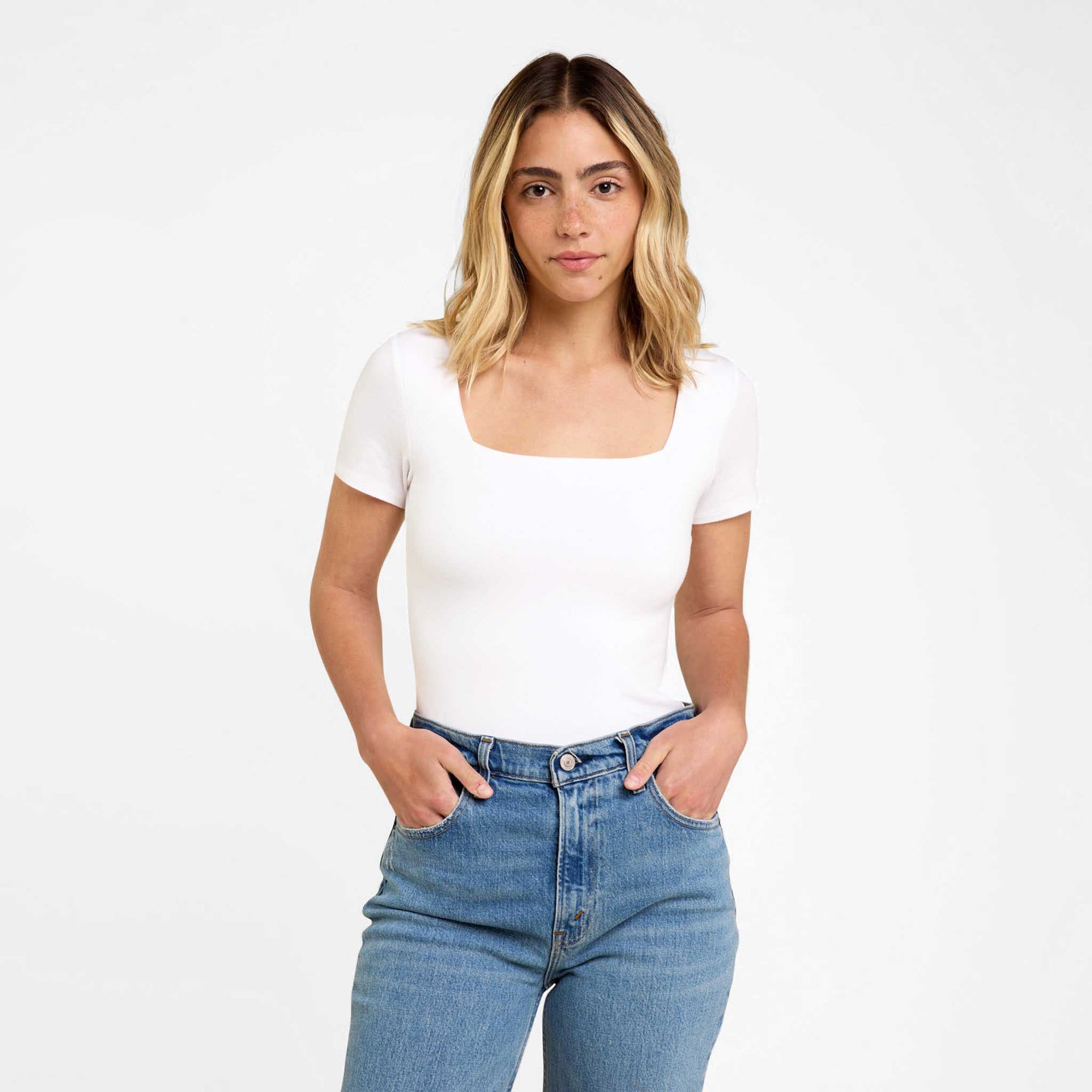 Cotton Stretch Short Sleeve Square Neck Bodysuit
