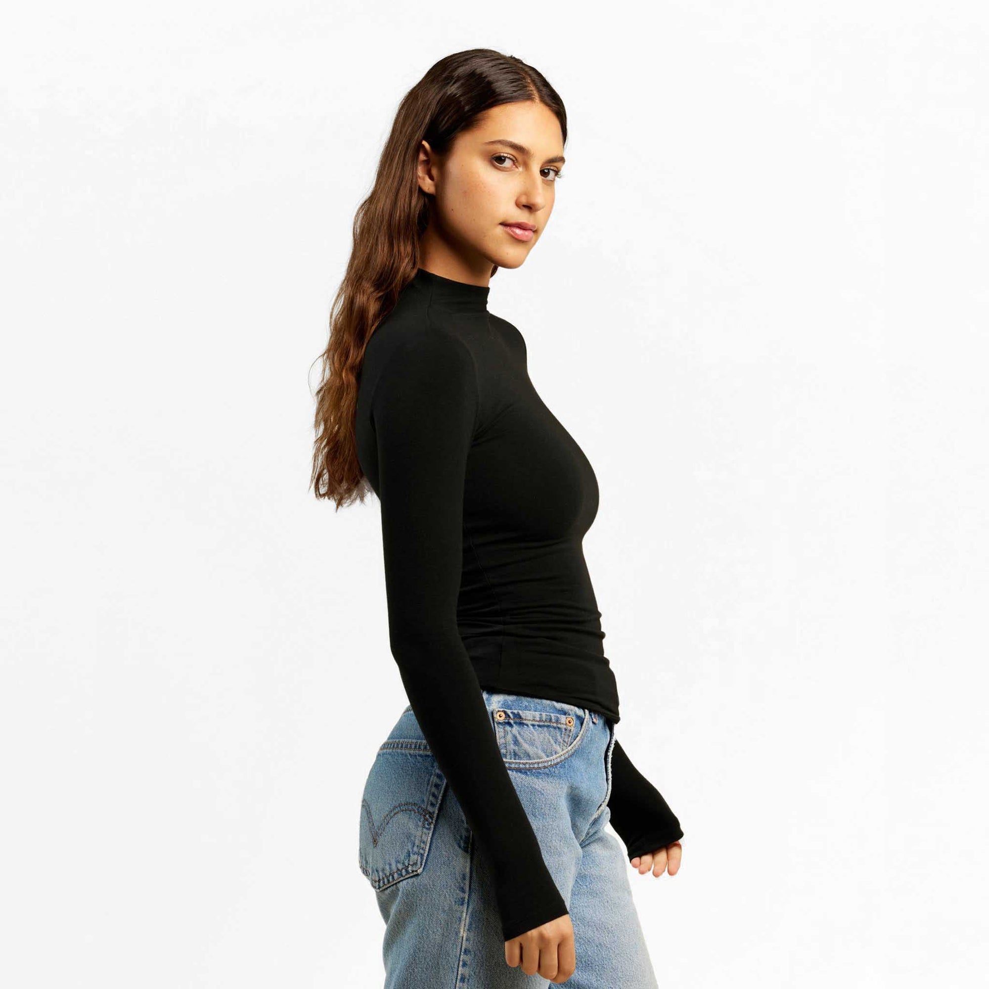 Cotton Stretch Long Sleeve Mock Neck Shirt