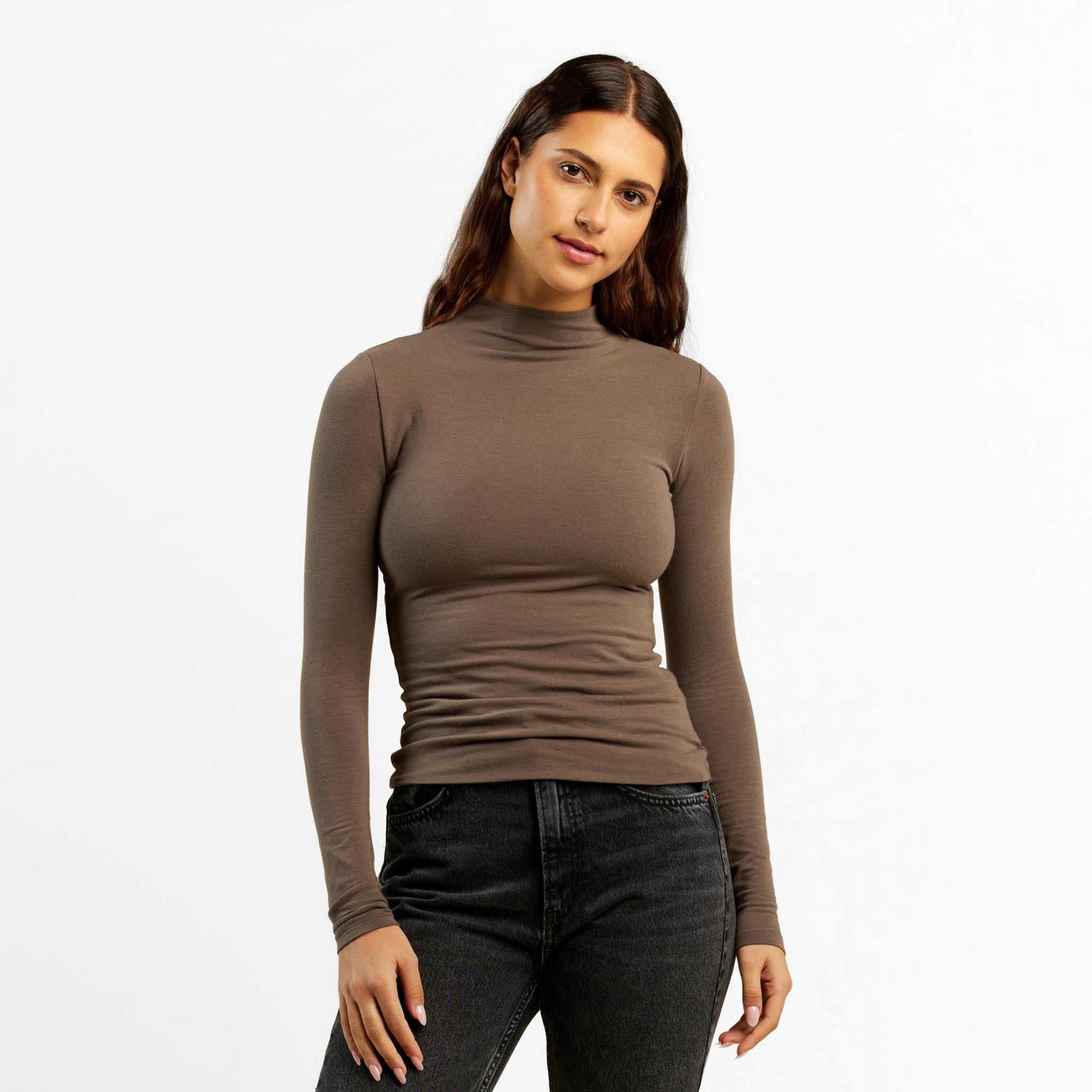 Cotton Stretch Long Sleeve Mock Neck Shirt