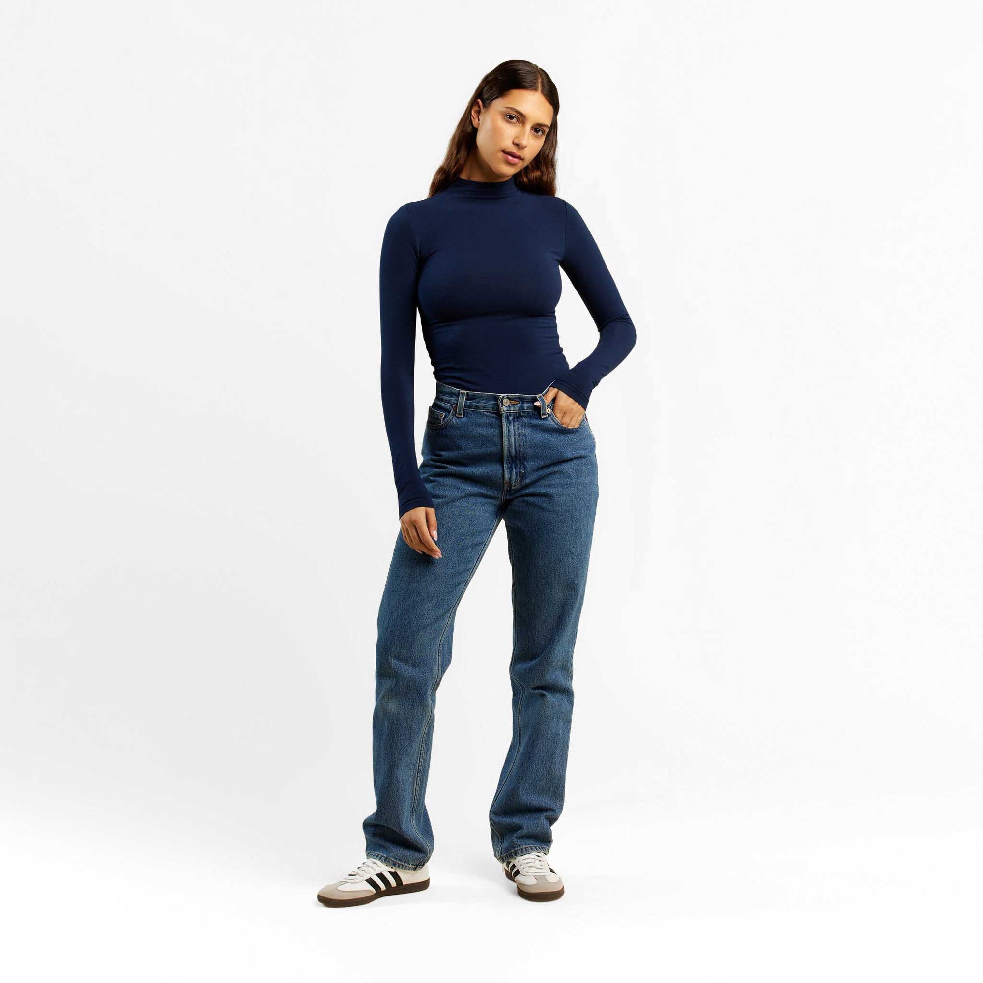 Cotton Stretch Long Sleeve Mock Neck Shirt