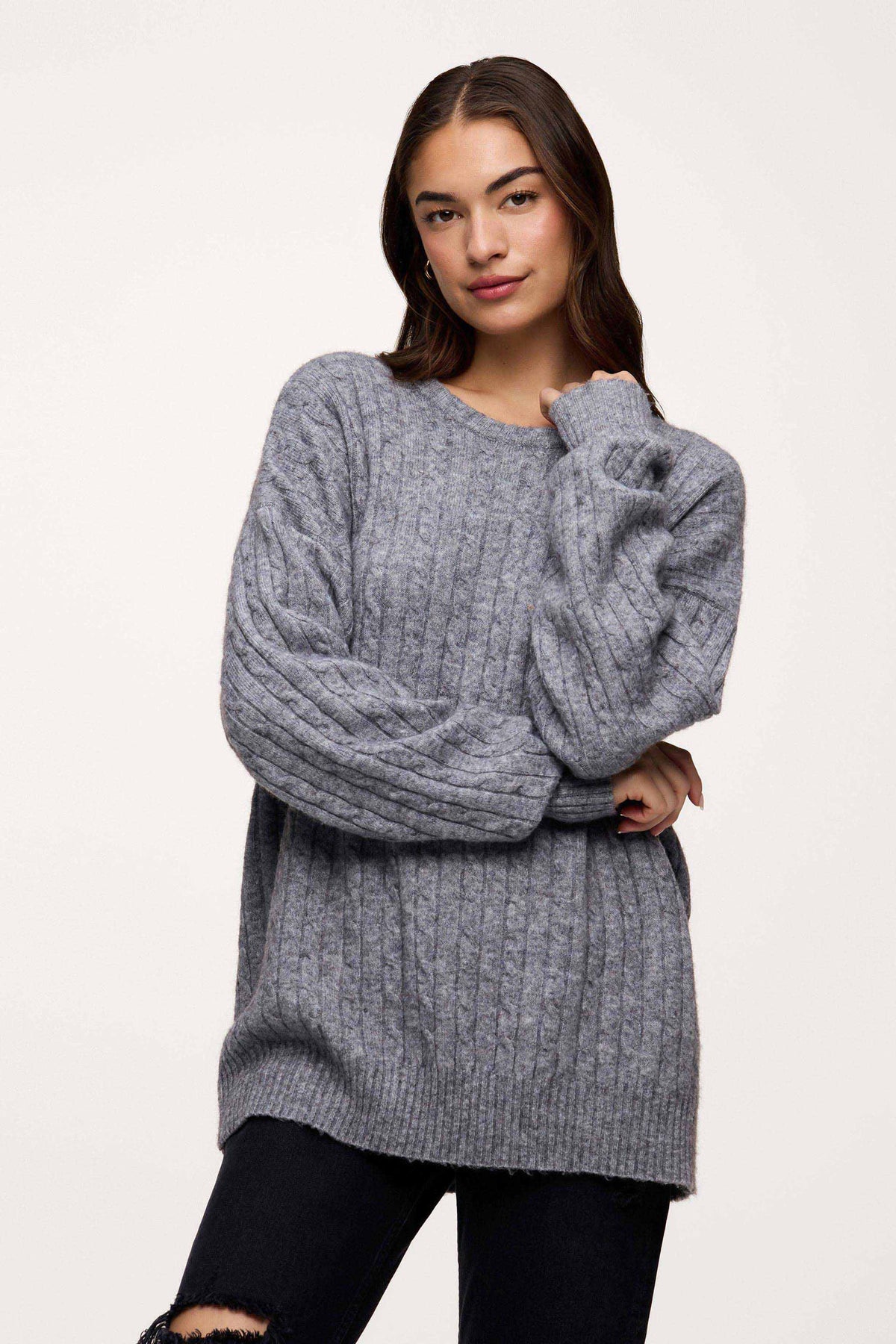 Color:Charcoal | nuuds cable crewneck sweater – women’s cable knit sweater cozy knitwear long sleeve