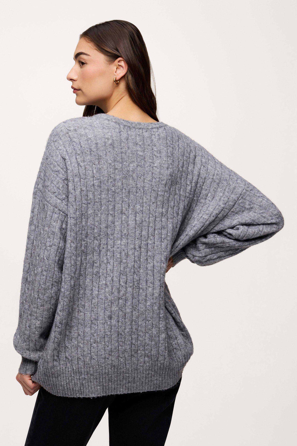 Color:Charcoal | nuuds cable crewneck sweater – women’s cable knit sweater cozy knitwear long sleeve