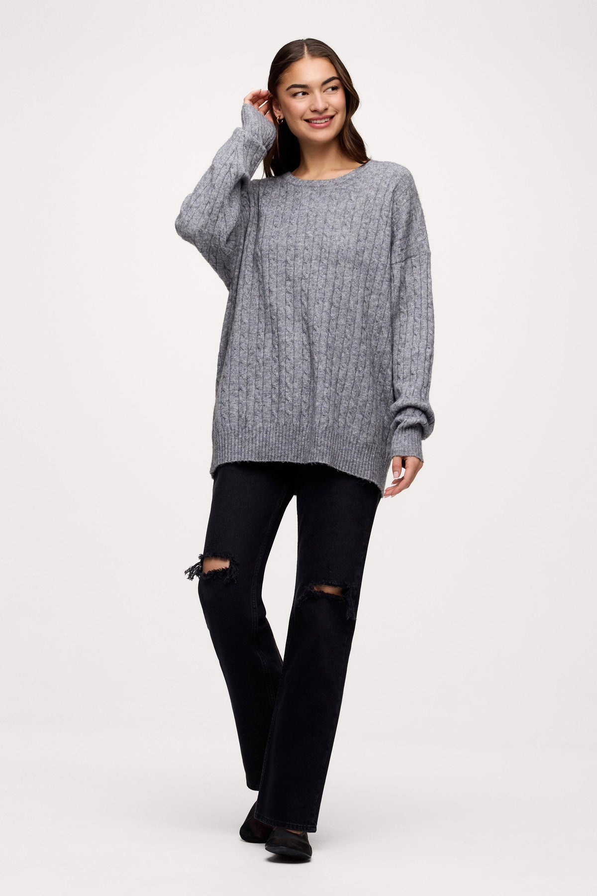Color:Charcoal | nuuds cable crewneck sweater – women’s cable knit sweater cozy knitwear long sleeve