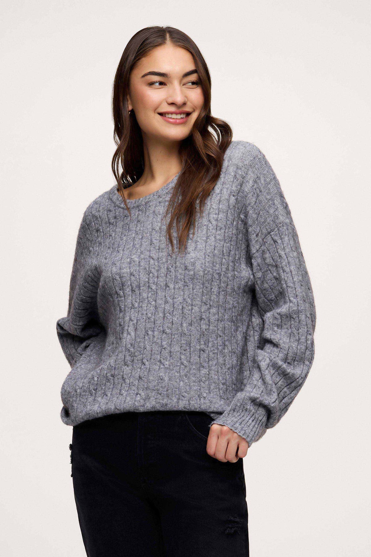 Color:Charcoal | nuuds cable crewneck sweater – women’s cable knit sweater cozy knitwear long sleeve