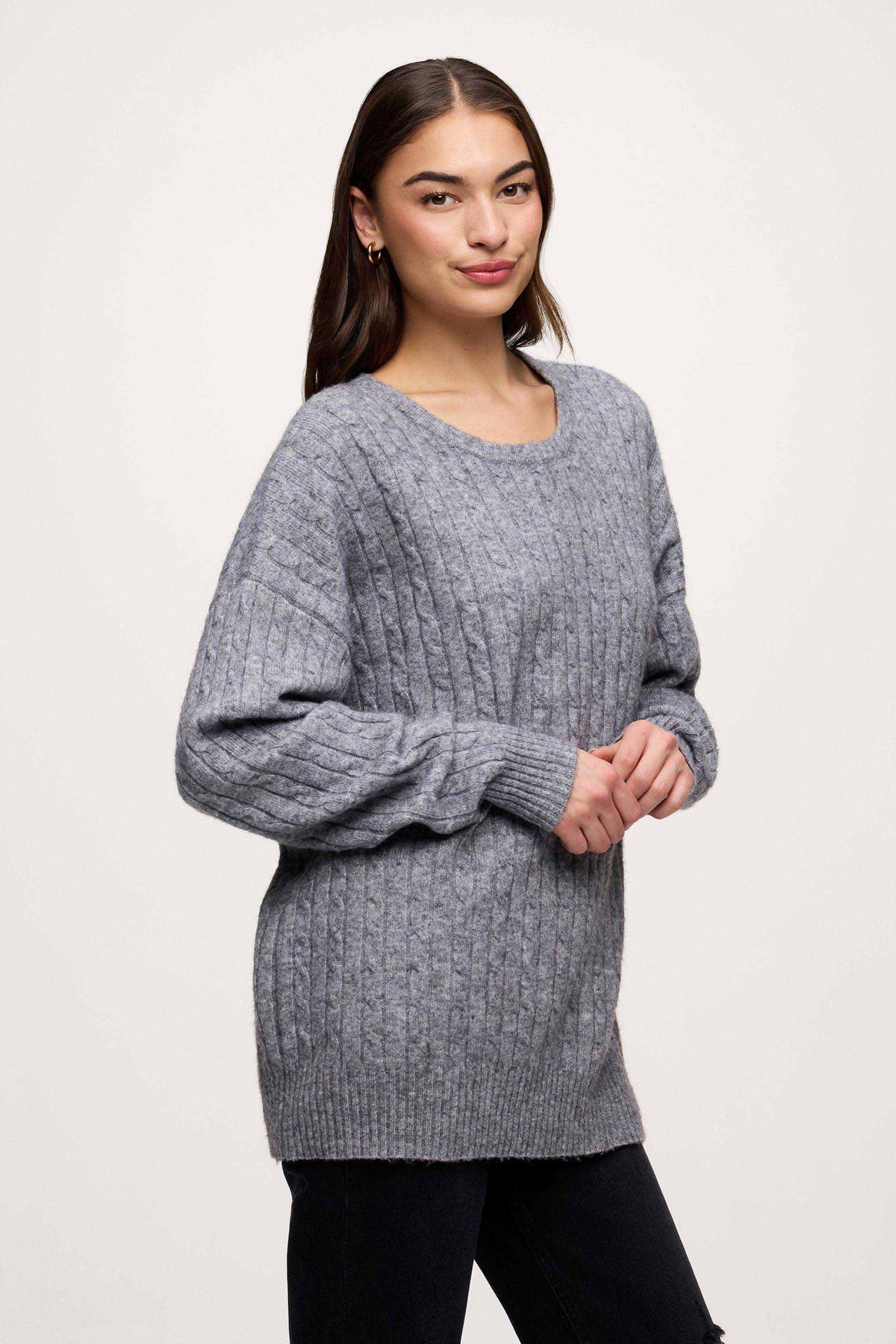 Color:Charcoal | nuuds cable crewneck sweater – women’s cable knit sweater cozy knitwear long sleeve