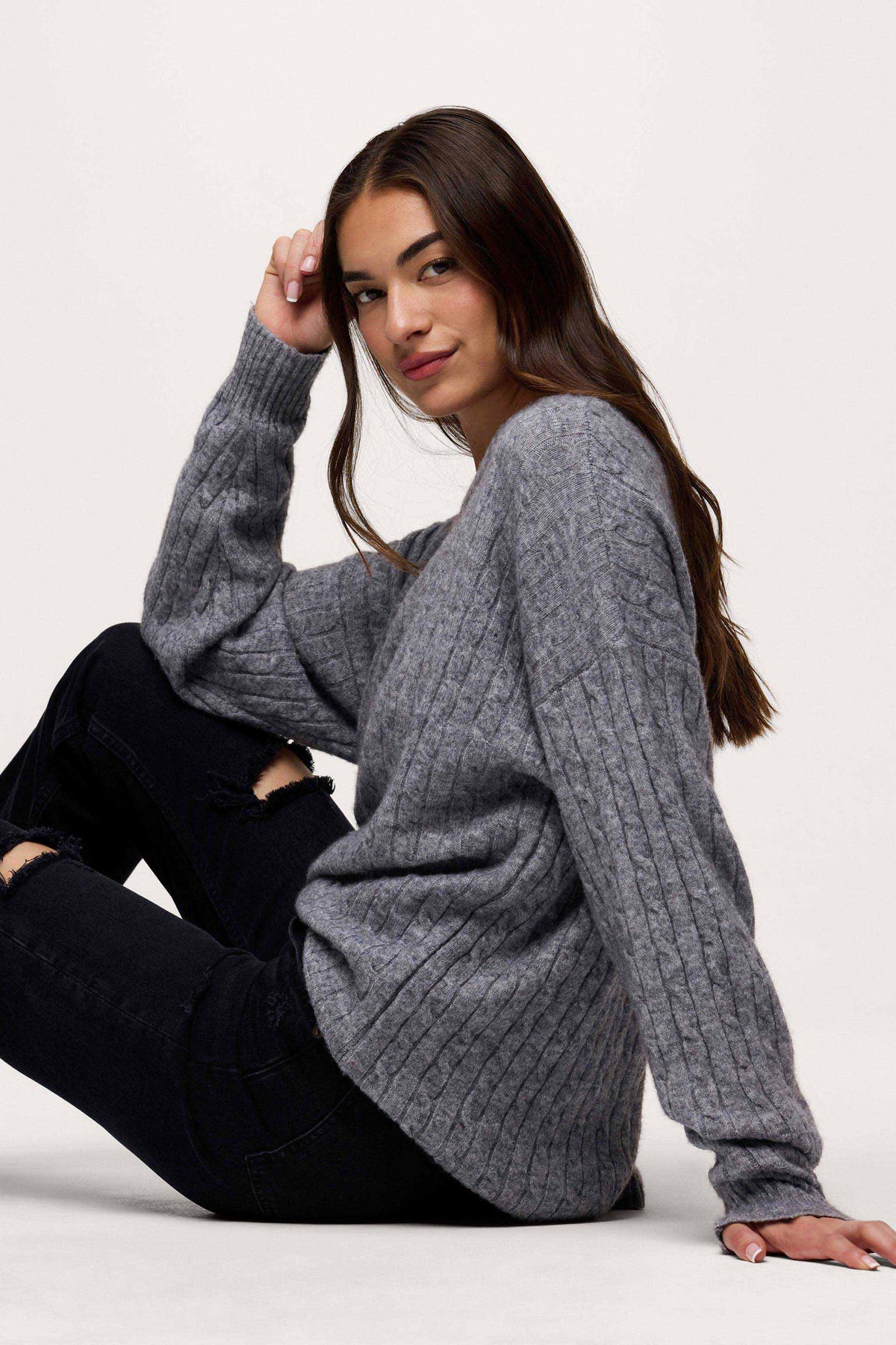 Color:Charcoal | nuuds cable crewneck sweater – women’s cable knit sweater cozy knitwear long sleeve