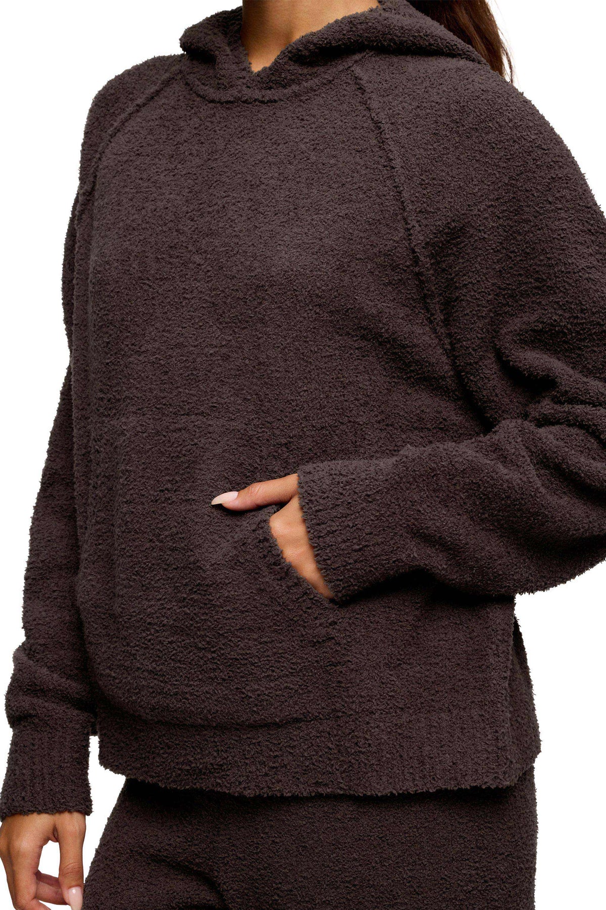 Color:Espresso | nuuds teddy sweat set for women - plush knit cozy sweater hoodie and wide-leg pant set