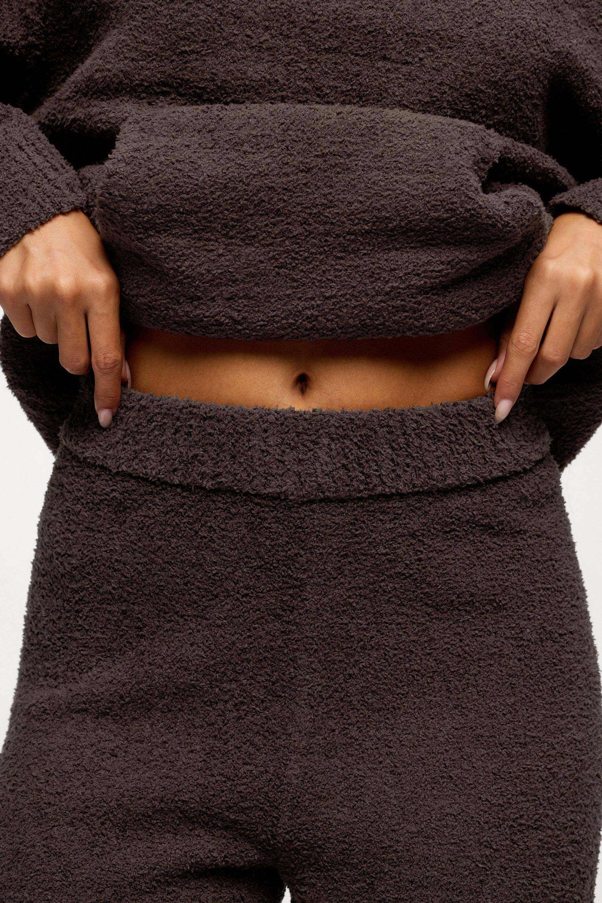 Color:Espresso | nuuds teddy sweat set for women - plush knit cozy sweater hoodie and wide-leg pant set