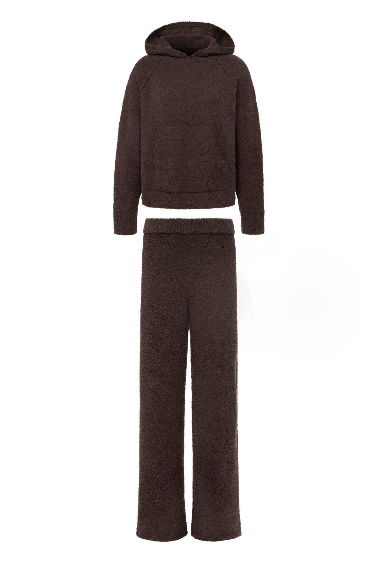 Color:Espresso | nuuds teddy sweat set for women - plush knit cozy sweater hoodie and wide-leg pant set